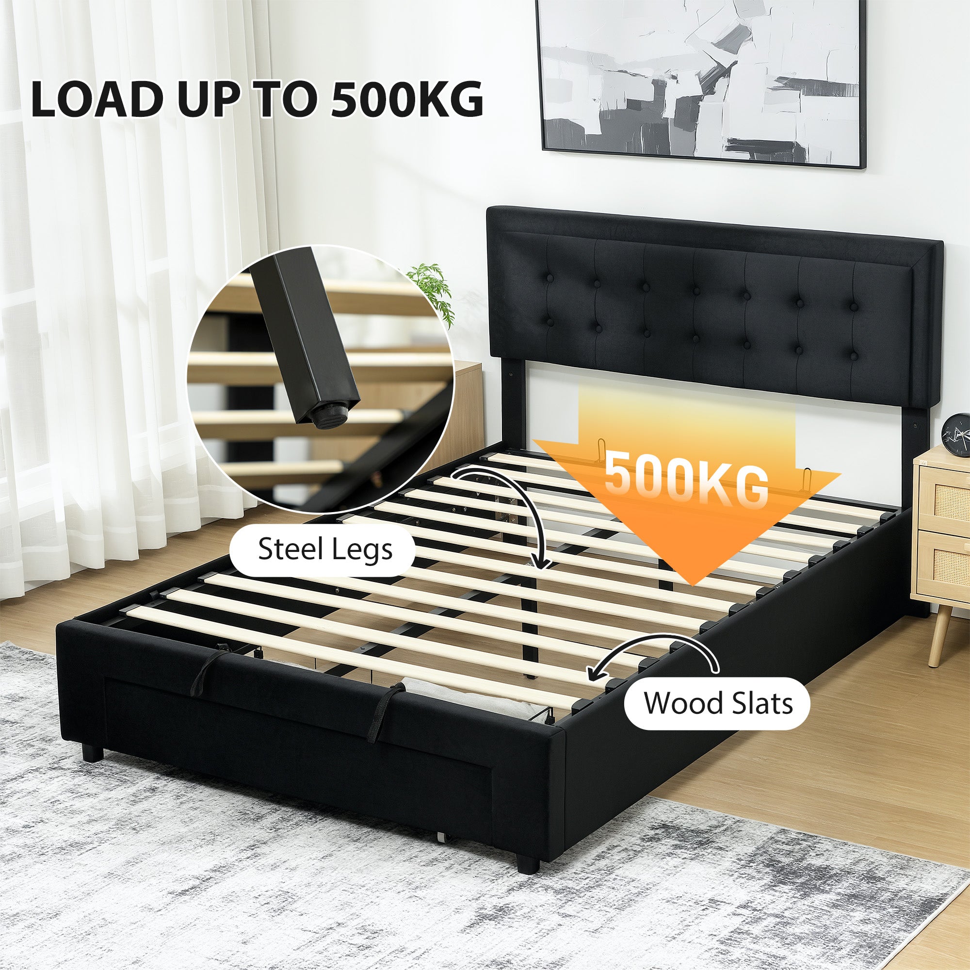 Fynco - Double Ottoman Bed Frame, with Front Drawer - Black
