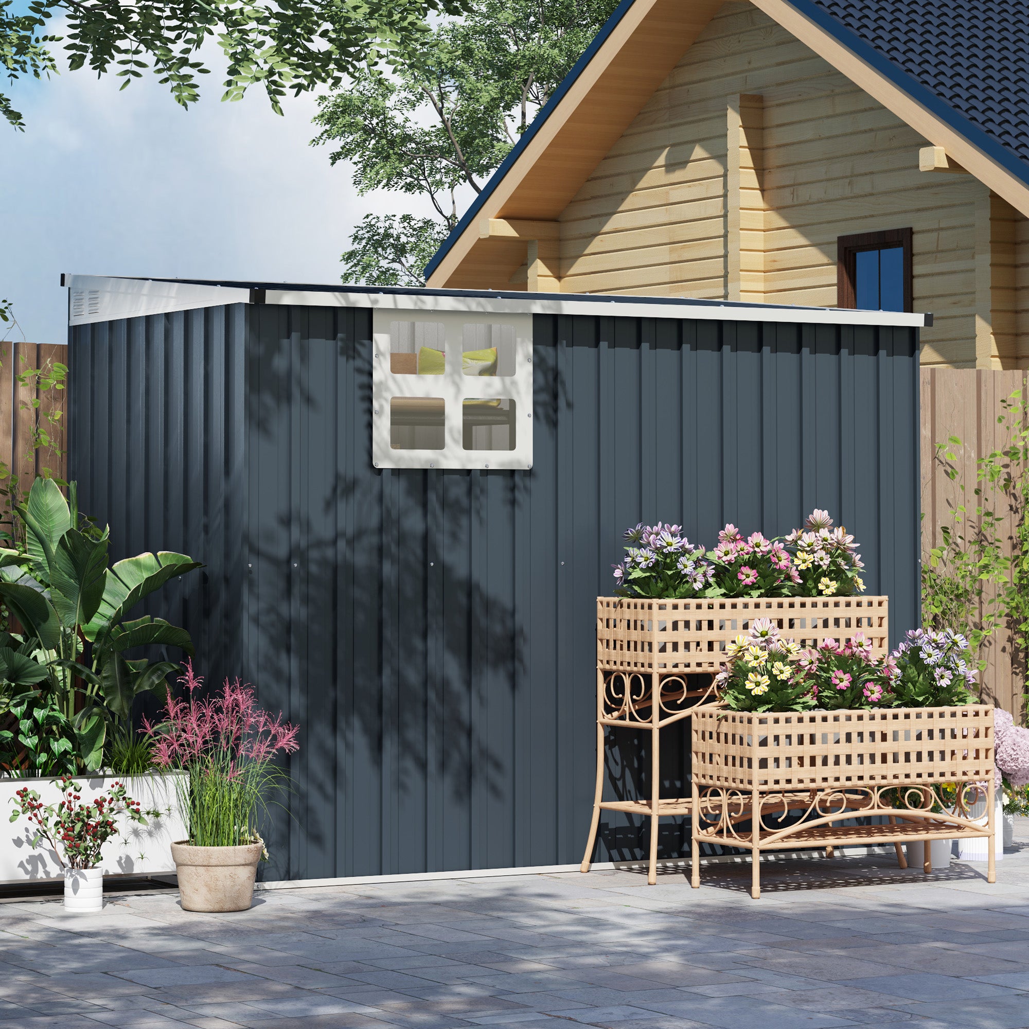 Fynco - 7.6 x 4ft Garden Metal Shed, Outdoor Storage Shed with Window, 2 Vents and Lockable Door for Garden, Patio, Dark Grey
