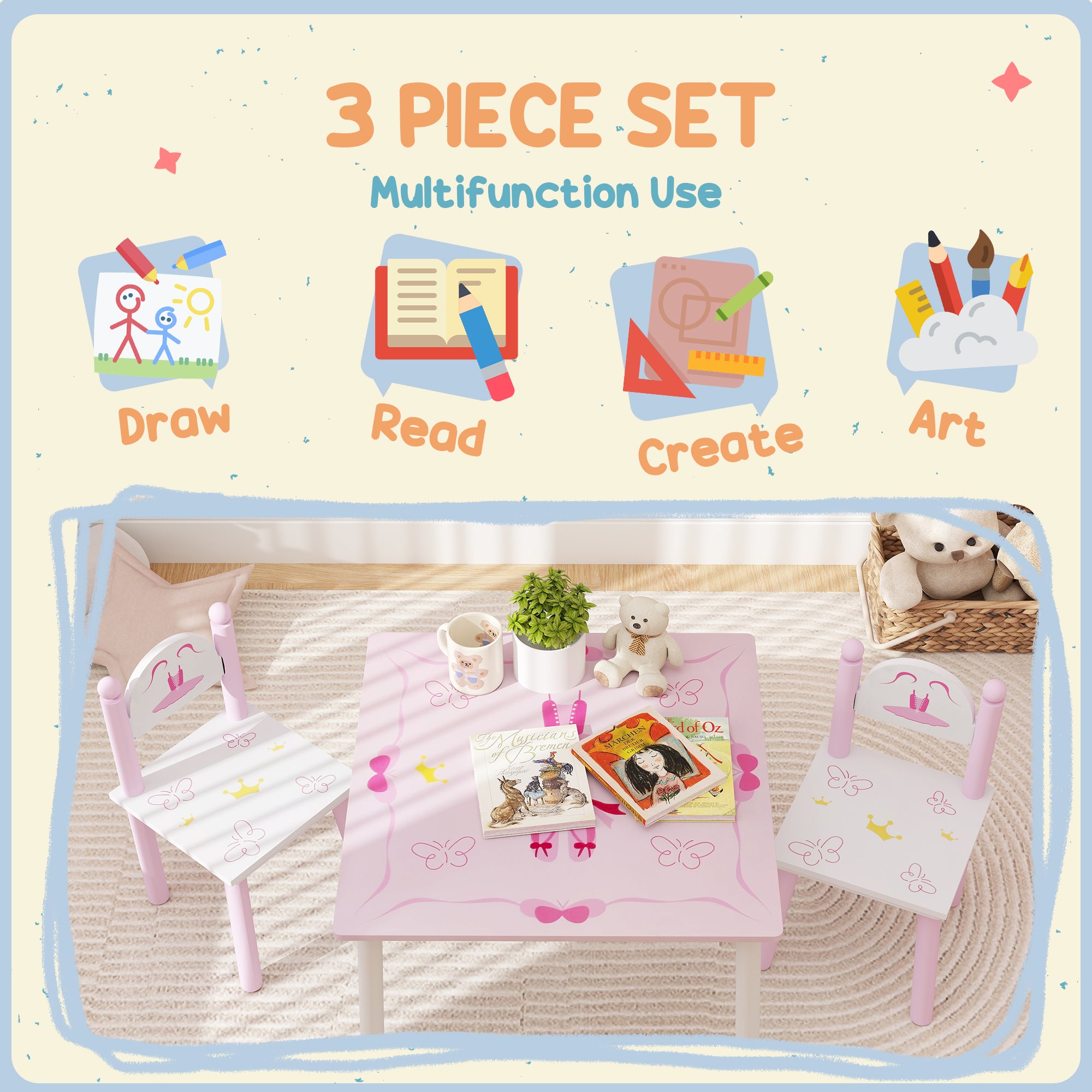 AIYAPLAY Princess-Designed Kids Table and Chairs Set for Activity, Art, Drawing, Toddler Table and Chairs Set for Playroom