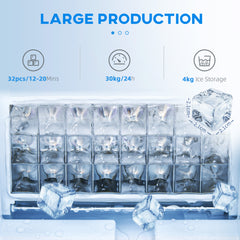 Commercial Ice Maker Machine, Freestanding Industrial Ice Cube Maker with Digital Control, Ice Scoop, Self-cleaning, 4kg Ice Storage, 30kg/24 Hours for Home, Office, Bar, Restaurant