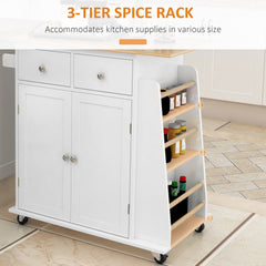 Kitchen Island on Wheels, Mobile Storage Trolley, Rolling Kitchen Cart with Rubber Wood Top, 2-Door Cabinets, 2 Drawers, Adjustable Shelf, 3-Tier Spice Rack, Drawers