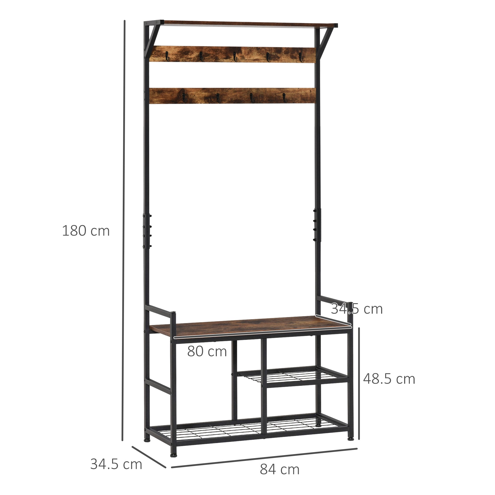 Coat Rack Stand Shoe Storage Bench with 9 Hooks Shelves for Bedroom Living Room Entryway Brown and Black 180cm