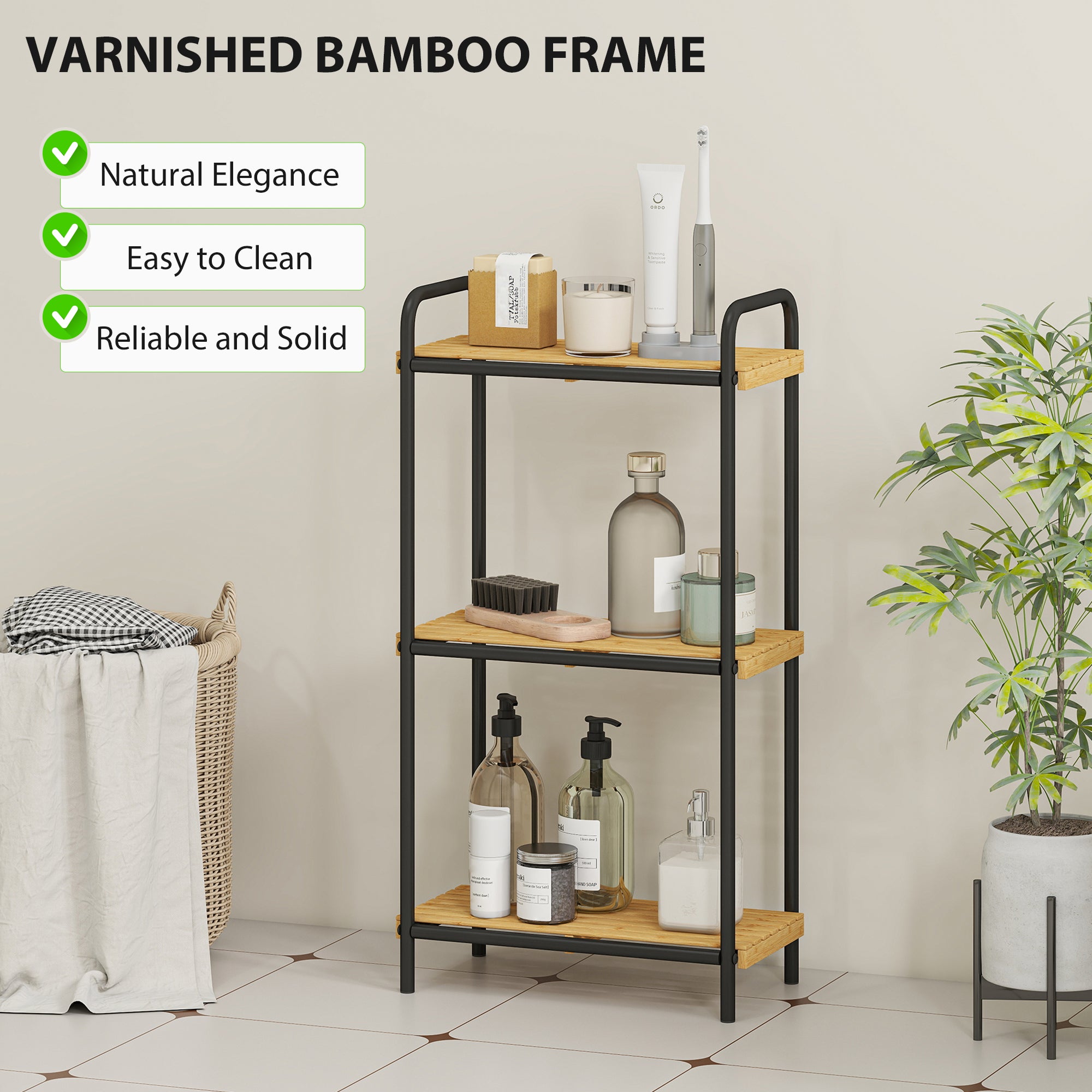 Fynco - 3-Tier Bamboo Bathroom Storage Shelf, Freestanding Narrow Shelving Unit with Slatted Shelves for Kitchen Bathroom Living Room, 41.5 x 21.5 x 77.5 cm, Natural and Black