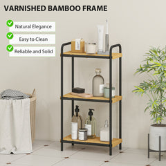Fynco - 3-Tier Bamboo Bathroom Storage Shelf, Freestanding Narrow Shelving Unit with Slatted Shelves for Kitchen Bathroom Living Room, 41.5 x 21.5 x 77.5 cm, Natural and Black