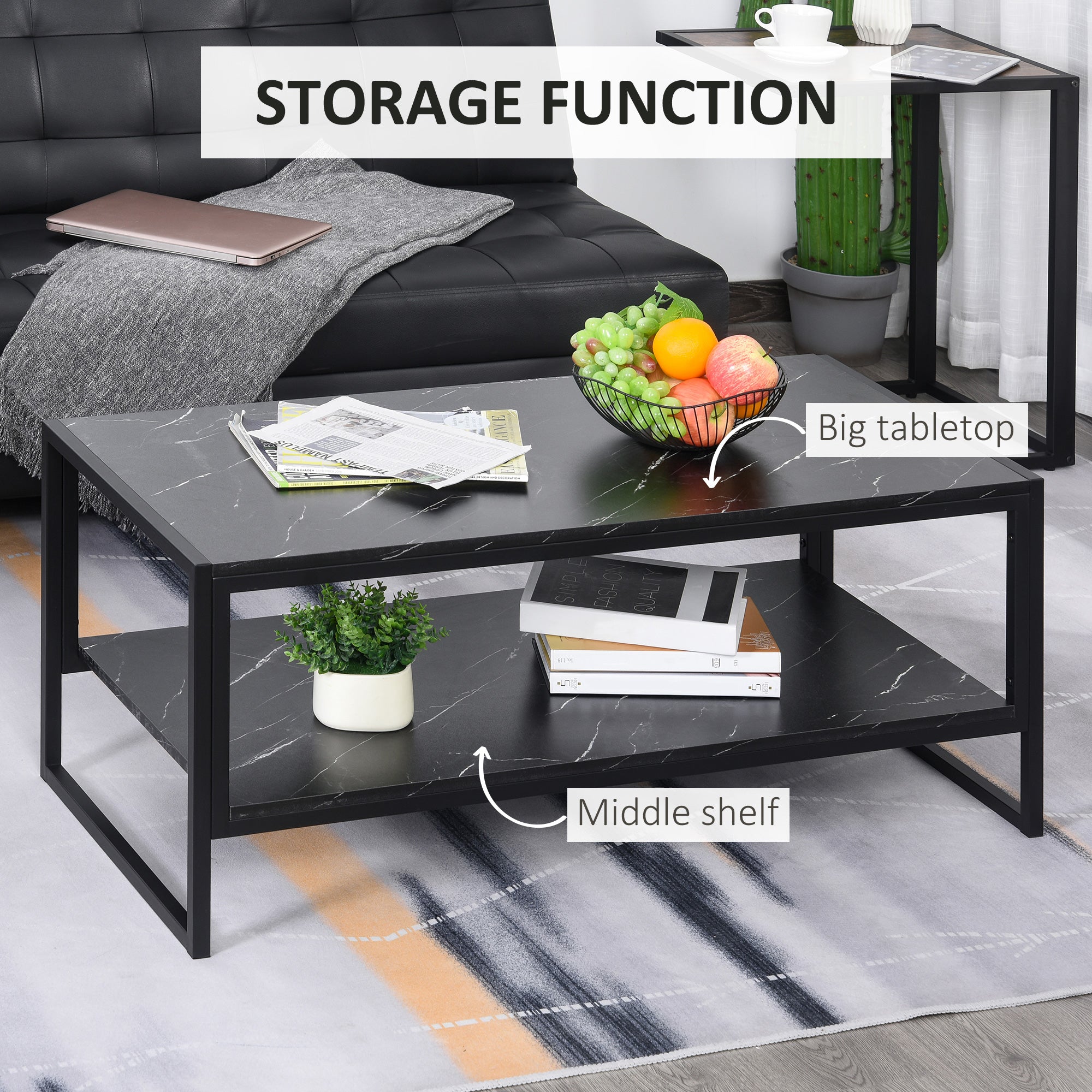 Coffee Table, Two-Tier Marble Centre Table with Metal Frame and Storage Shelf for Living Room, 106 x 50 x 45cm, Black