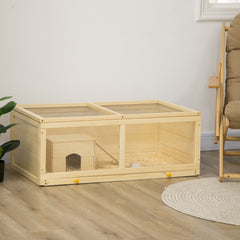 Wooden Hamster Cage with Sliding Tray, Openable Top, Hut for Syrian Hamster, Natural Wood Finish