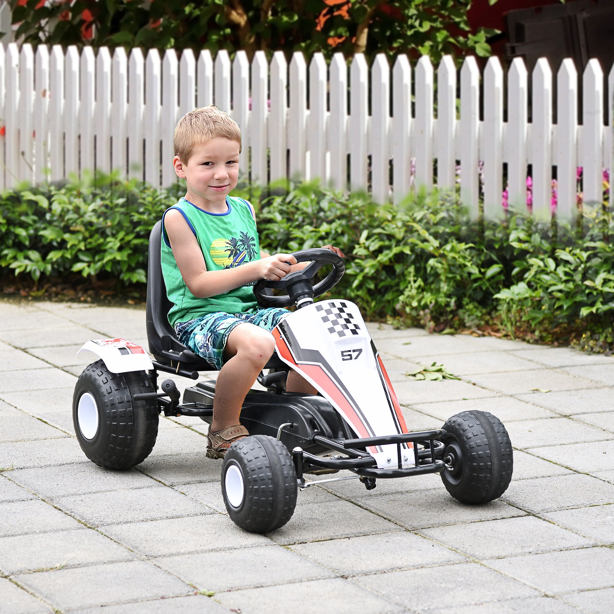 Kids Children Pedal Go Kart Manual Ride On Car w/ Brake Gears Steering Wheel Adjustable Seat 4 Smooth Wheels Racing-Style White 104 x 66 x 57 cm