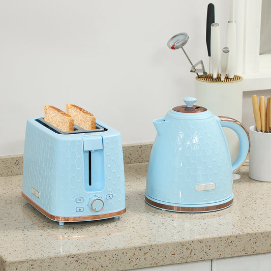 1.7L 3000W Fast Boil Kettle & 2 Slice Toaster Set, Kettle and Toaster Set with Auto Shut Off, Browning Controls, Light Blue