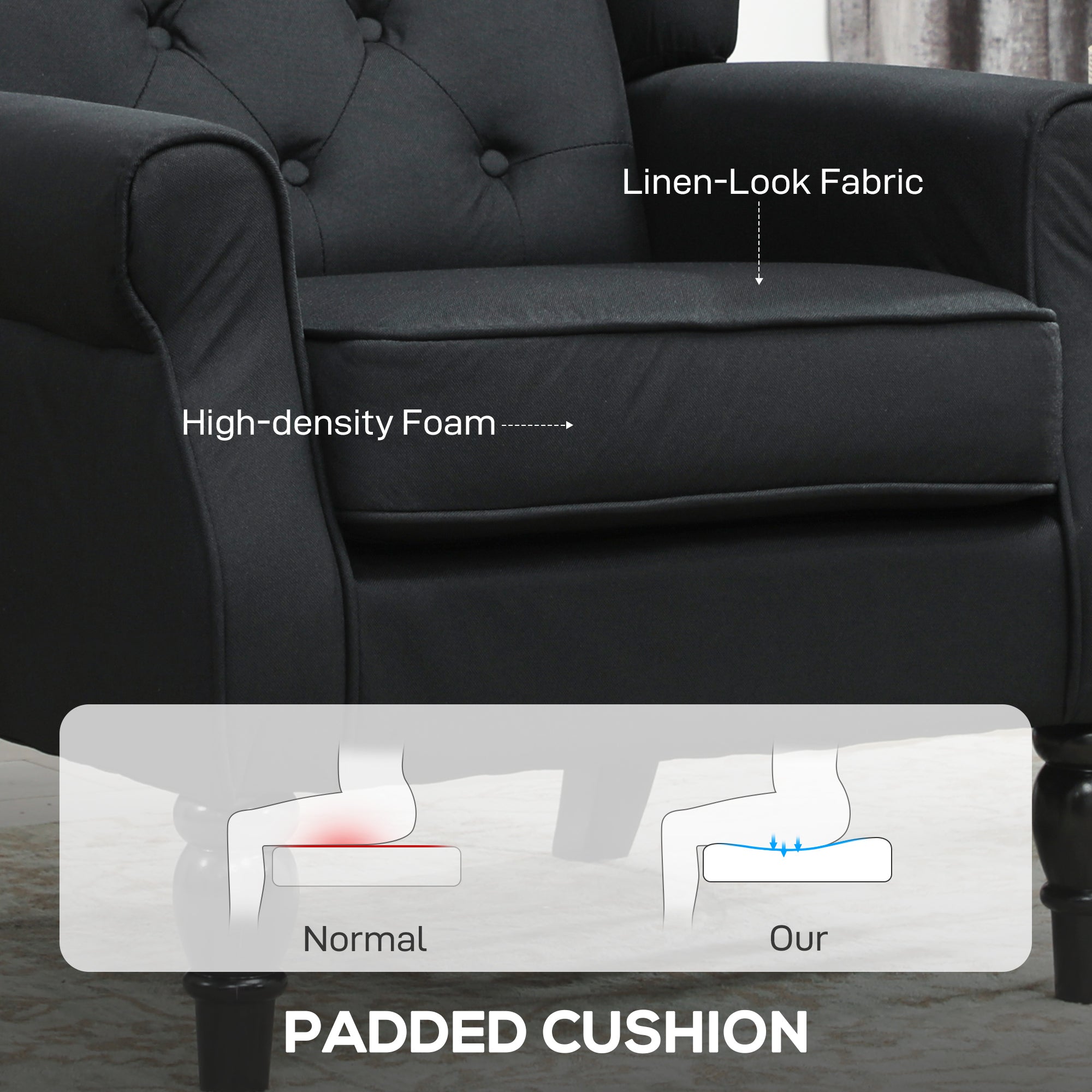 Retro Accent Chair, Linen Wingback Armchair with Wood Frame Button Tufted Design for Living Room Bedroom, Black