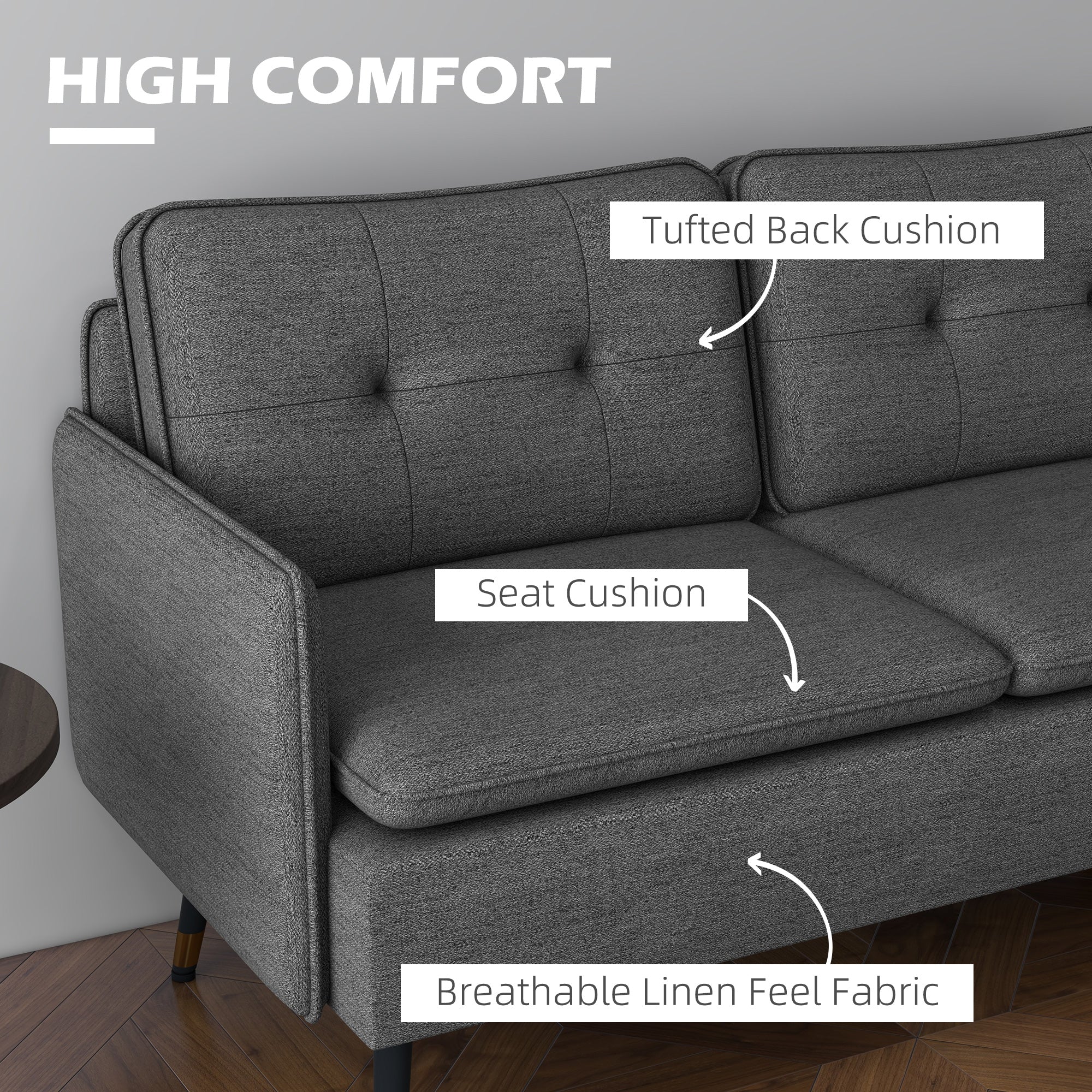 Modern Two Seater Sofa, Button Tufted Loveseat with Cushions and Steel Legs for Living Room, Guest Room, Dark Grey