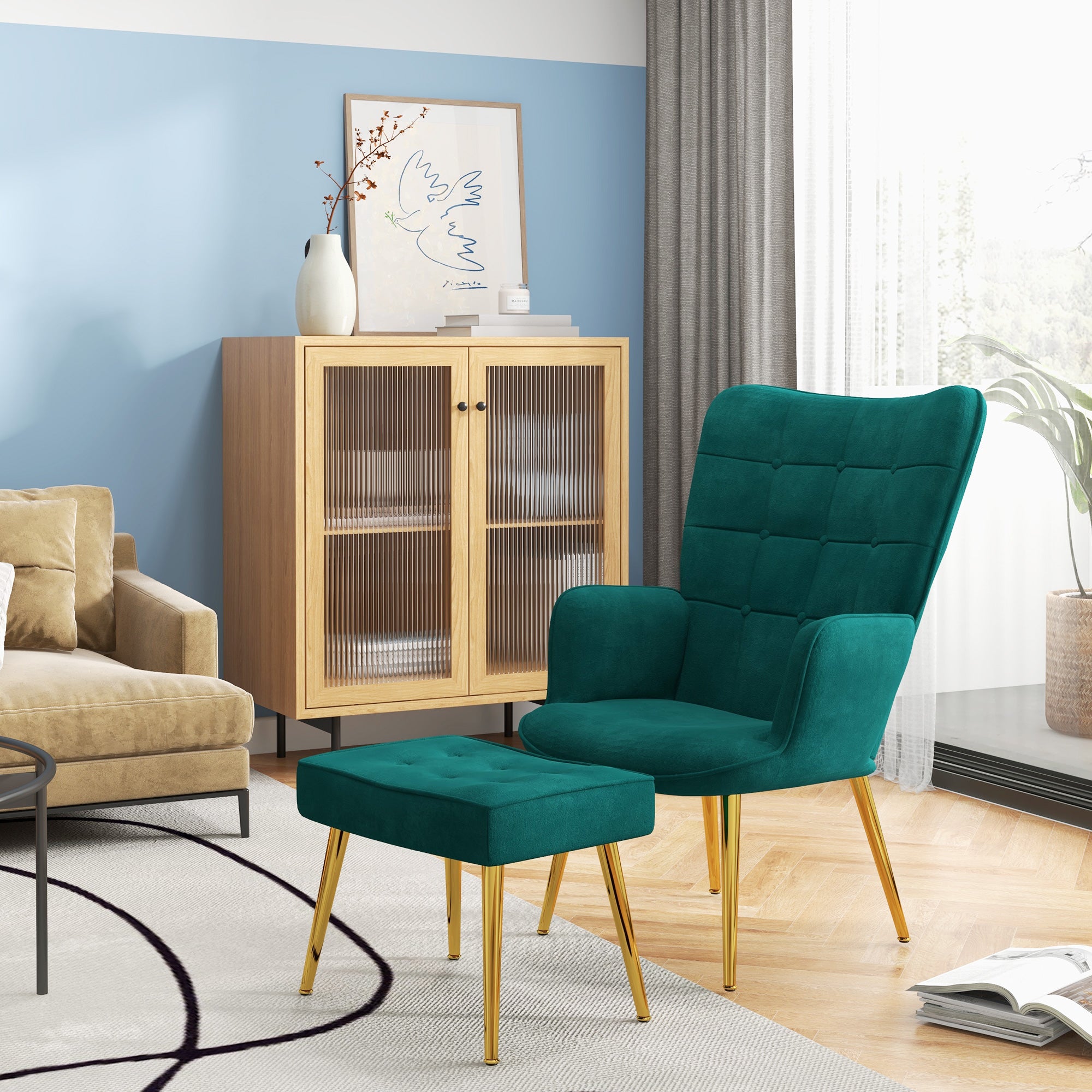 Modern Armchair with Footstool, Upholstered Accent Chair with Ottoman, Steel Legs, Velvet Wingback Chair for Living Room, Bedroom, Home Study, Dark Green