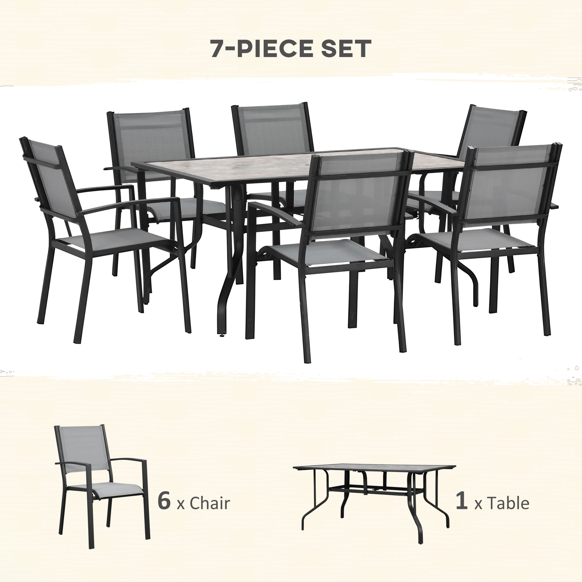 7 Pieces Garden Dining Set, 6 Seater Garden Table and Chairs with Parasol Hole, Outdoor Furniture Armchairs and Stone-like Plastic Top Table with Breathable Mesh Fabric Seat, Grey