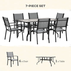 7 Pieces Garden Dining Set, 6 Seater Garden Table and Chairs with Parasol Hole, Outdoor Furniture Armchairs and Stone-like Plastic Top Table with Breathable Mesh Fabric Seat, Grey