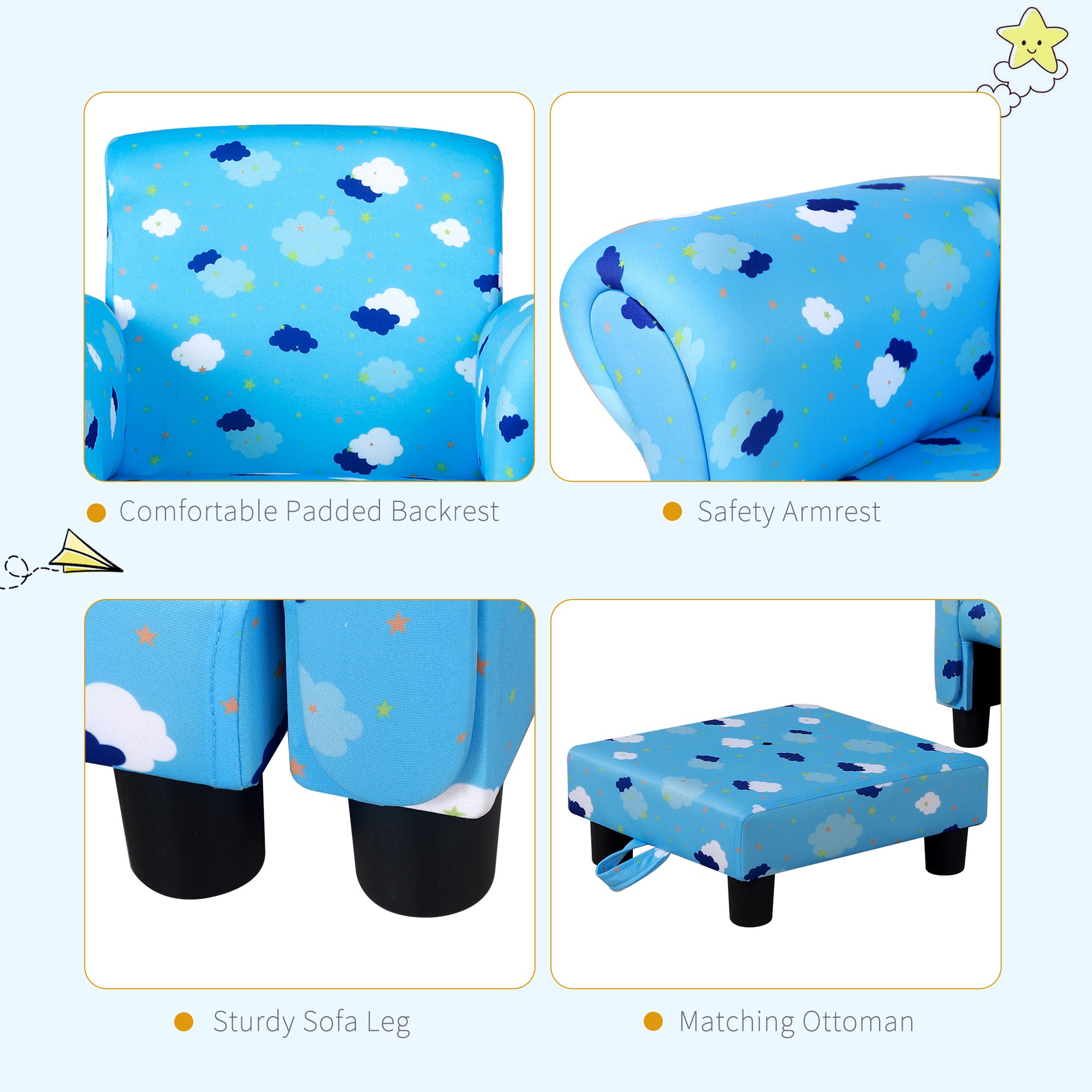 Toddler Chair Children's Armchairs Wood Frame w/ Footrest Anti-Slip Legs High Back Arms for Bedroom Playroom Cute Cloud Star Blue