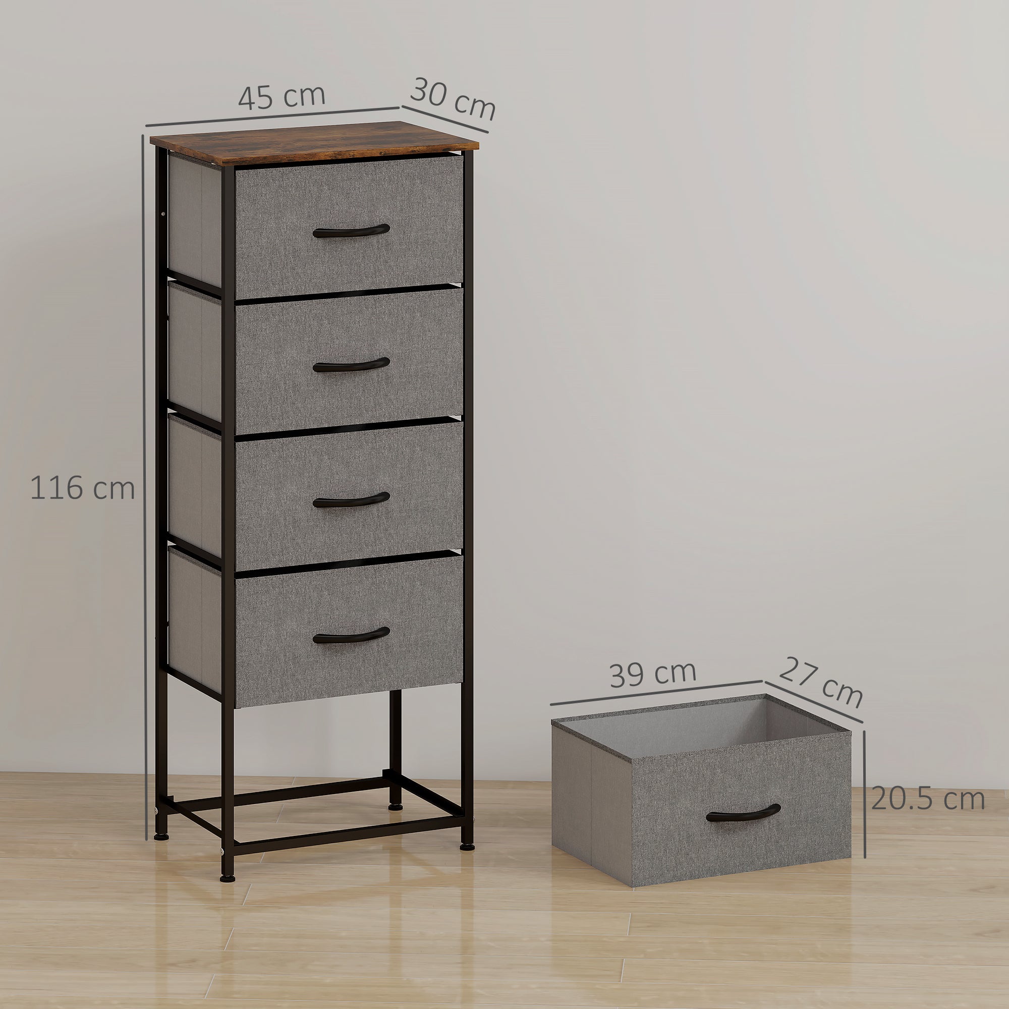 Fabric Chest of Drawers, Industrial Bedroom Dresser with 5 Fabric Drawers, Steel Frame and Wooden Top for Nursery, Living Room, Hallway, Rustic Brown and Grey