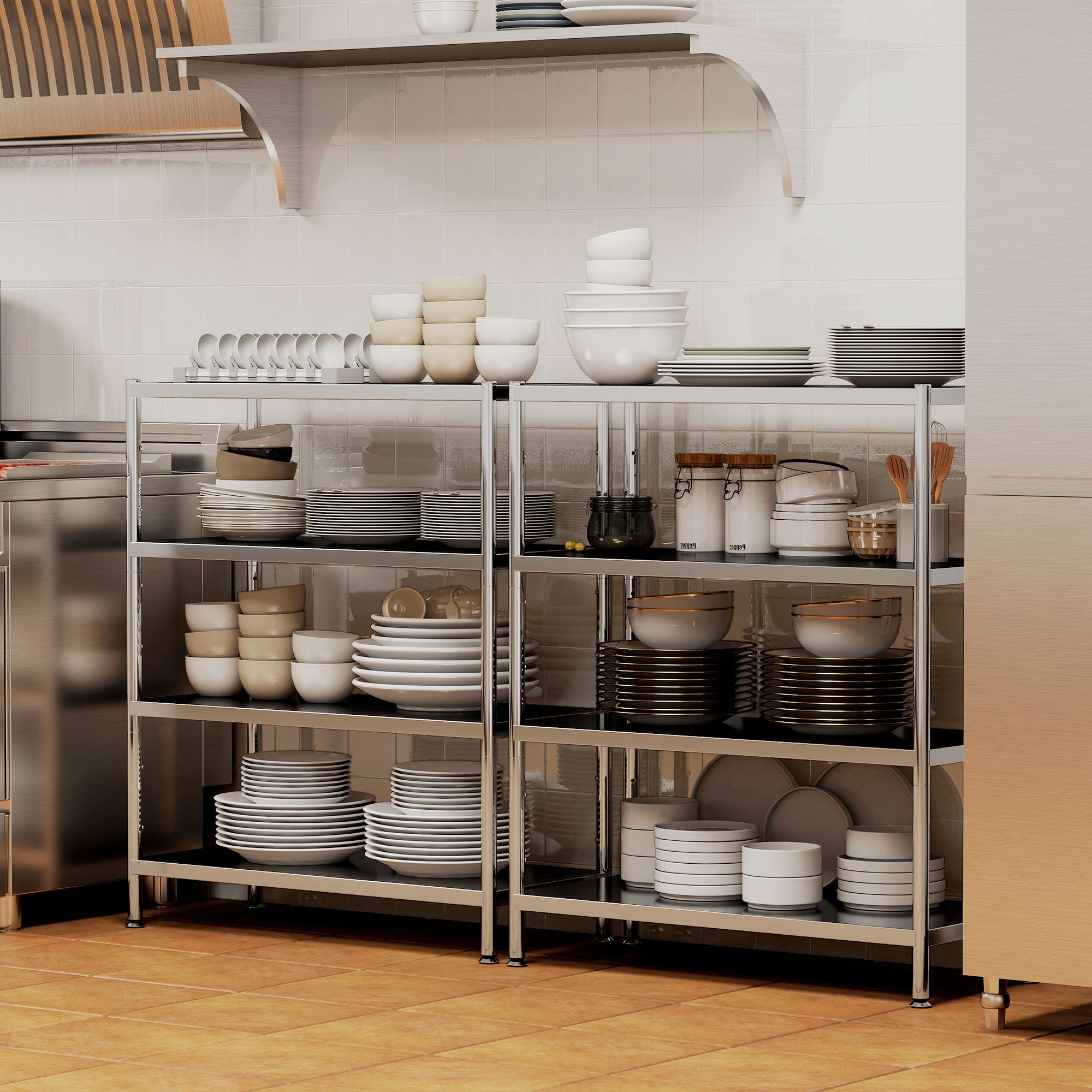 Fynco - 4-Tier Bakers Rack with Storage, Stainless Steel Microwave Stand with Adjustable Shelves for Small Spaces, Kitchen Storage Unit for Spices, Pots and Pans, Silver Tone