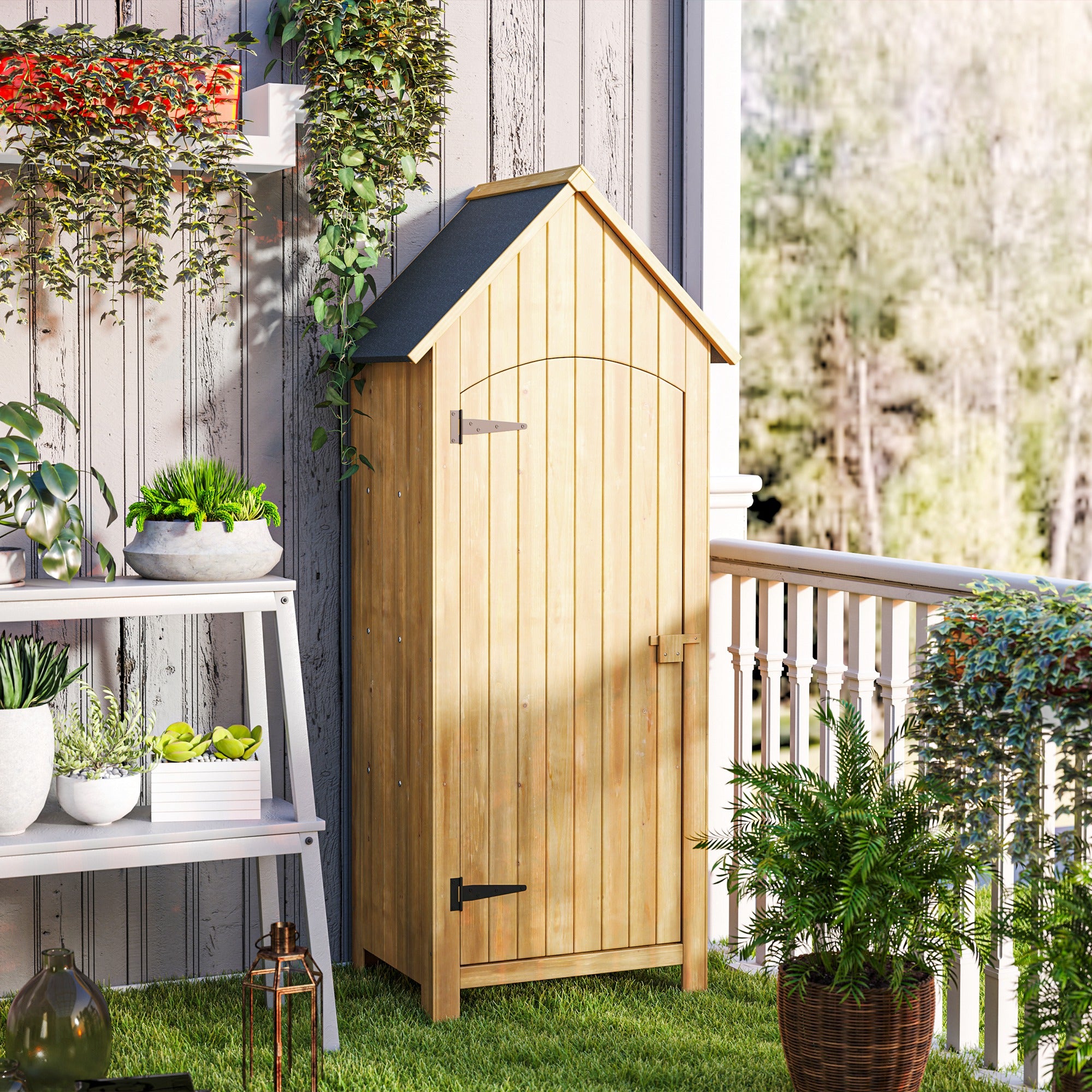 Fynco - Small Shed, Wooden Garden Storage Shed with 3 Shelves, Outdoor Tool Storage Cabinet with Tilt Roof and Lockable Door, 77.5 x 54.2 x 179.5 cm, Natural