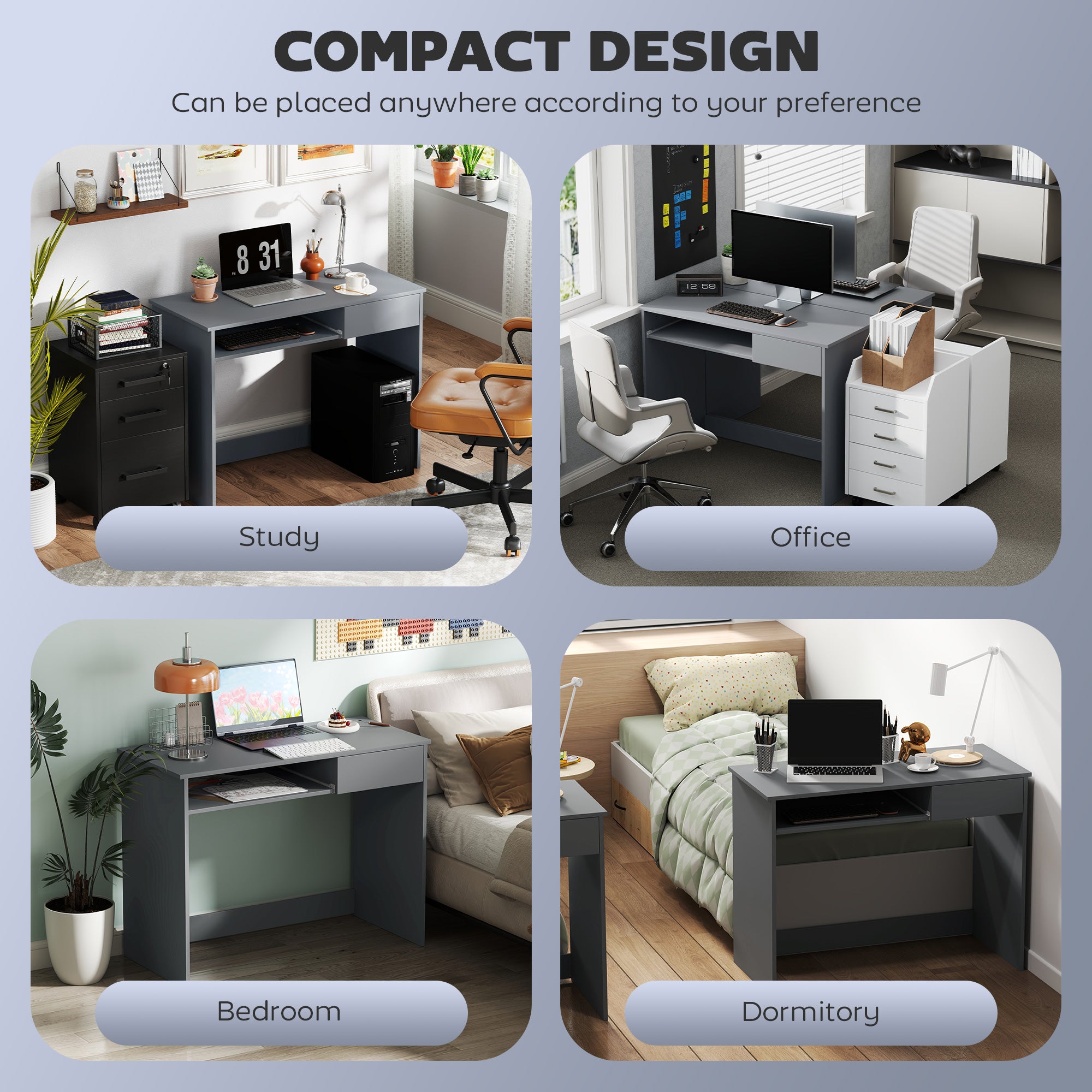 100cm Compact Computer Desk with Keyboard Tray, Home Office Desk with Drawer for Bedroom Study, Grey