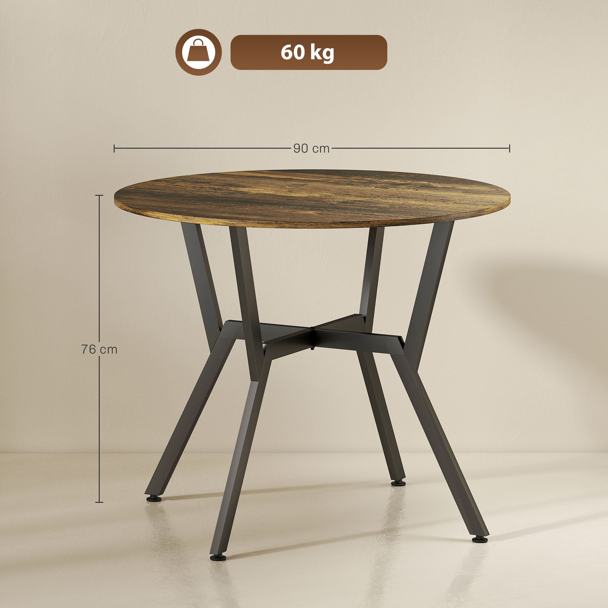 Fynco - Dining Table, Round Kitchen Table with Black Legs, Anti-slip Foot Pads for Living Room, Dining Room 90 x 76 cm, Rustic Brown