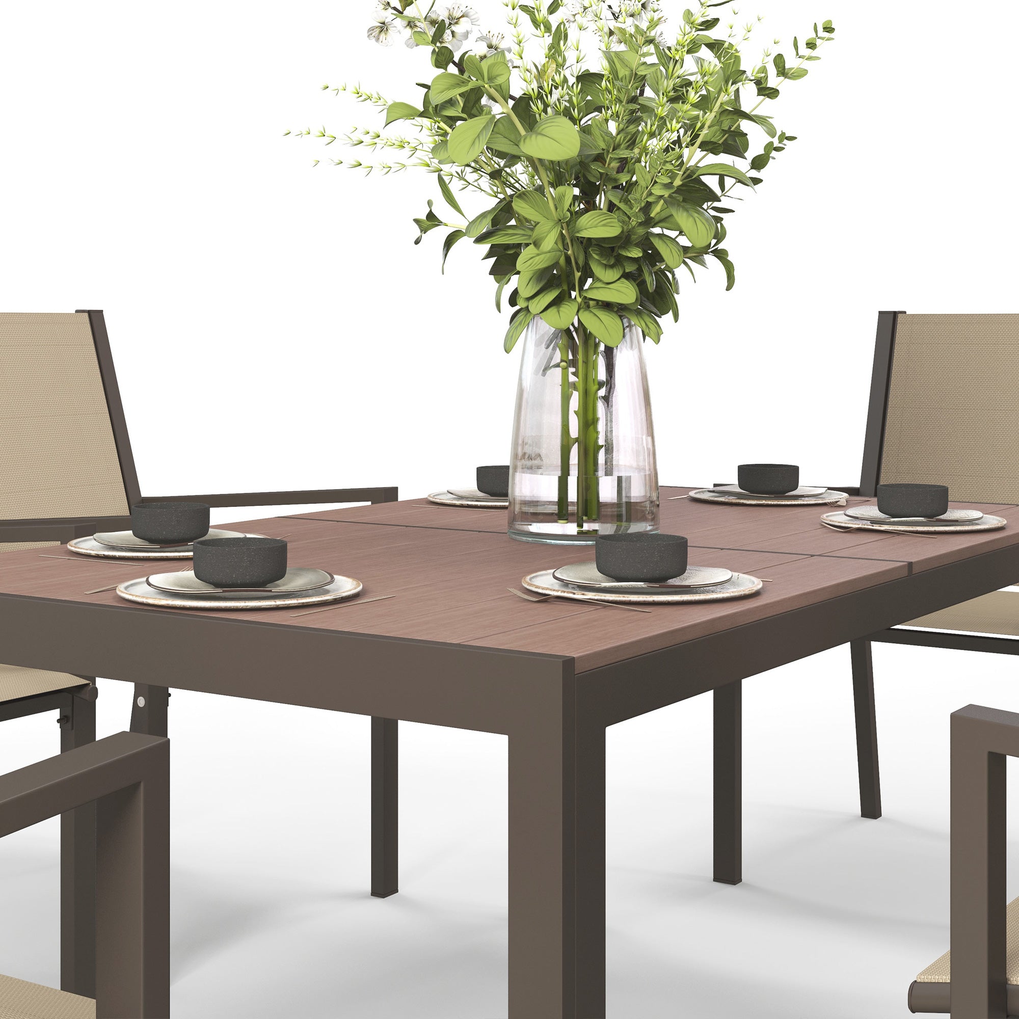 Seven-Piece Garden Dining Set, with Plastic Wood-Top Table - Brown