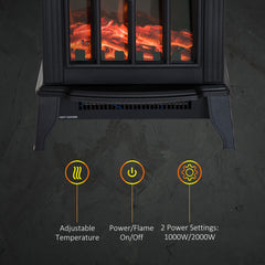 Fynco - 1000W/2000W Freestanding Electrical Fireplace Indoor Heater Stove Log Wood LED Burning Effect Flame with Thermostat Control Black