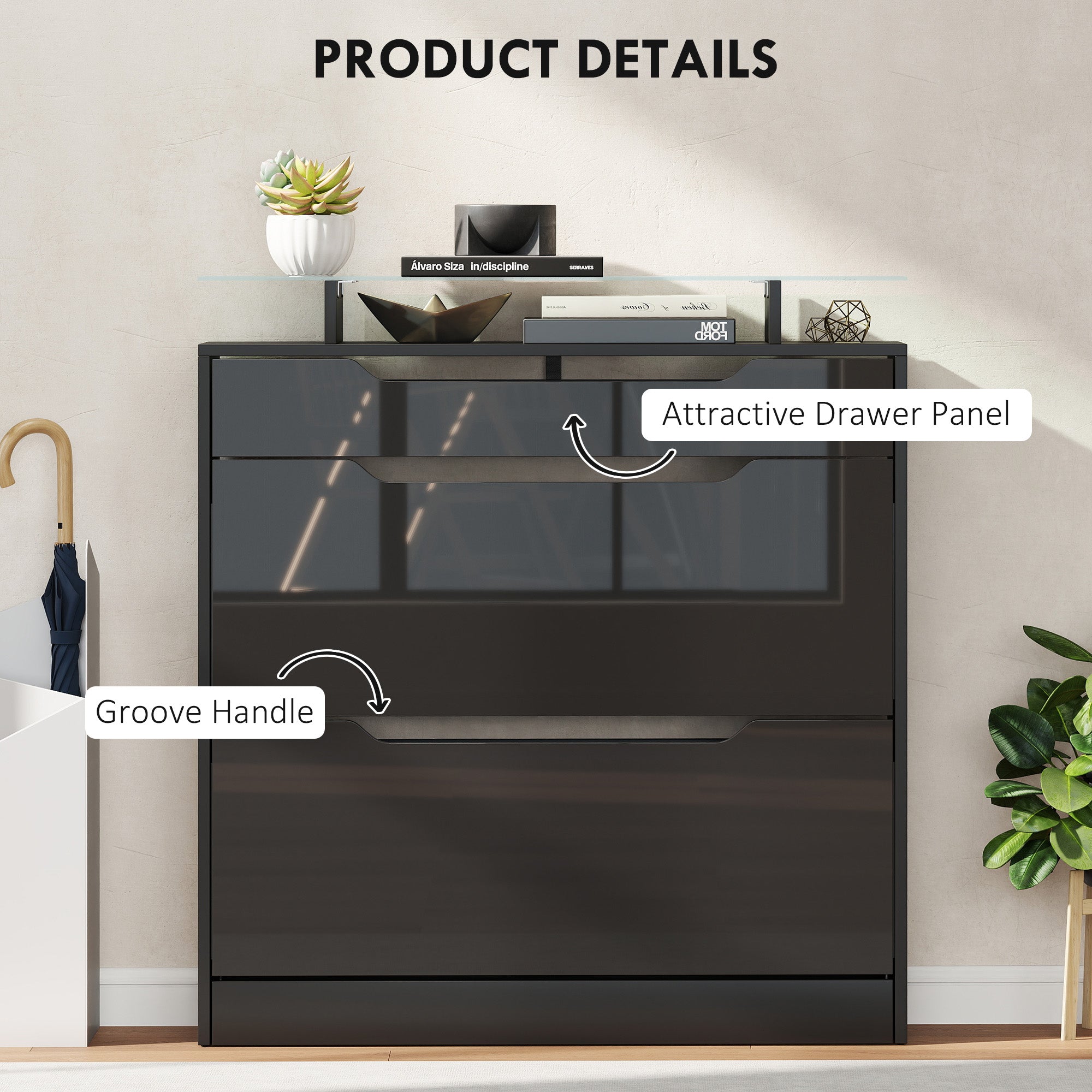 Fynco - Shoe Storage Cabinet with Slide Out Drawer, 2 Flip Doors, Tempered Glass Top - Black