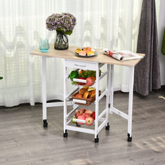 Drop-Leaf Kitchen Cart Trolley w/ 3 Baskets Drawer Surface Top 6 Universal Wheels Rolling Storage Unit Kitchen Home Dining Island White Oak Tone