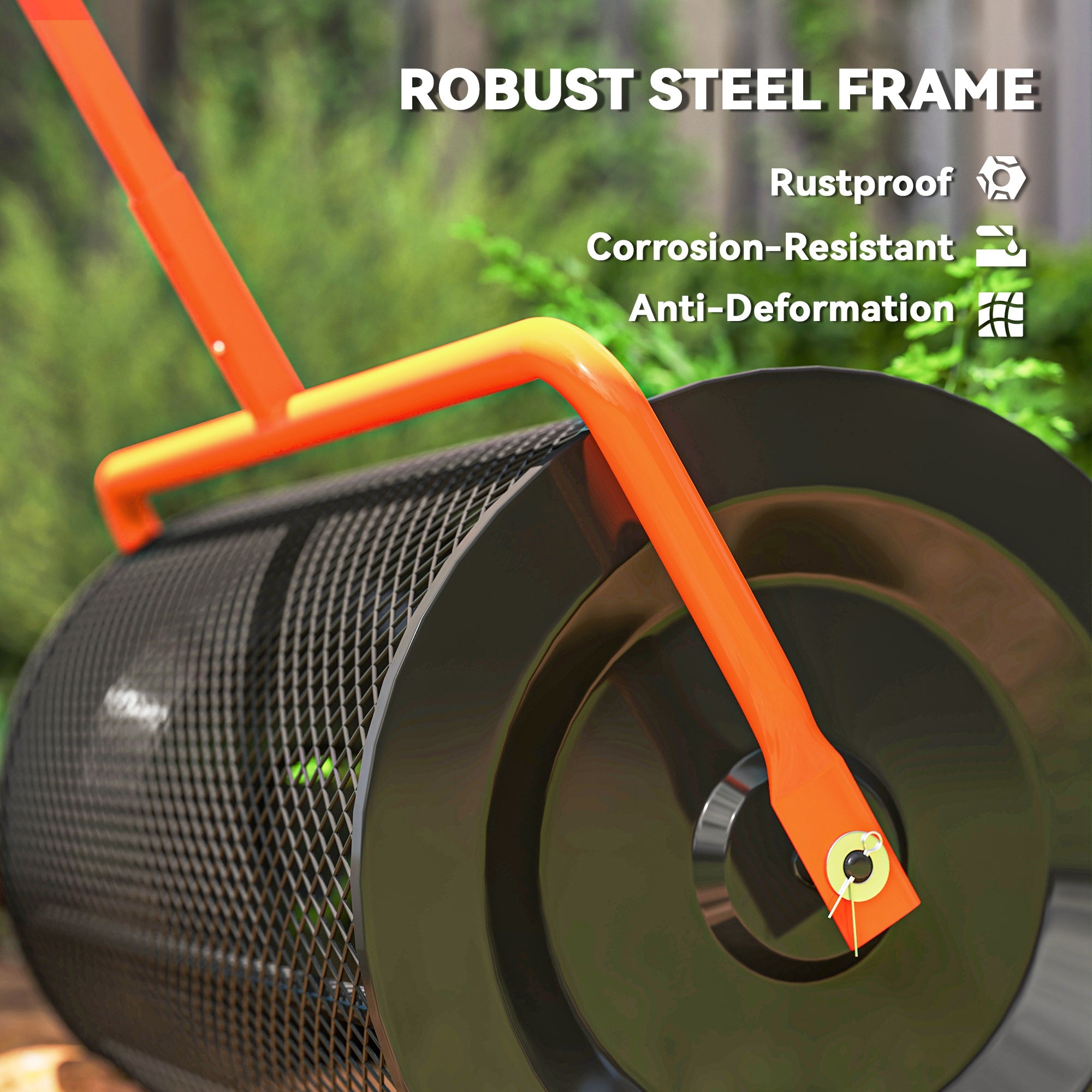 Compost Spreader, 24" Peat Moss Spreader with Height Adjustable T Shaped Handle and Metal Mesh Basket, Garden Spreader for Seeding, Spreading Manure, Orange