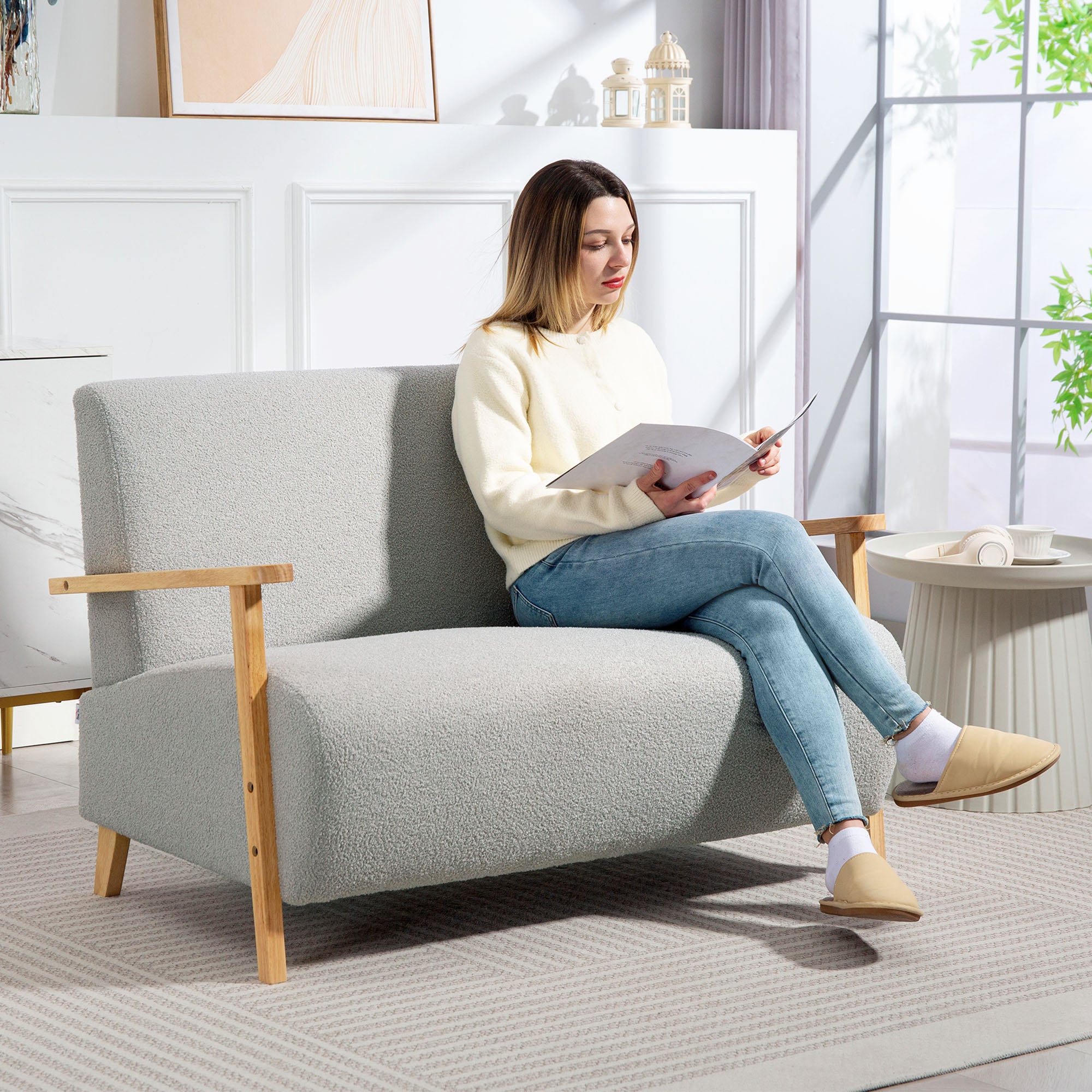 Small Sherpa Fabric 2 Seater Sofa Settee - Light Grey