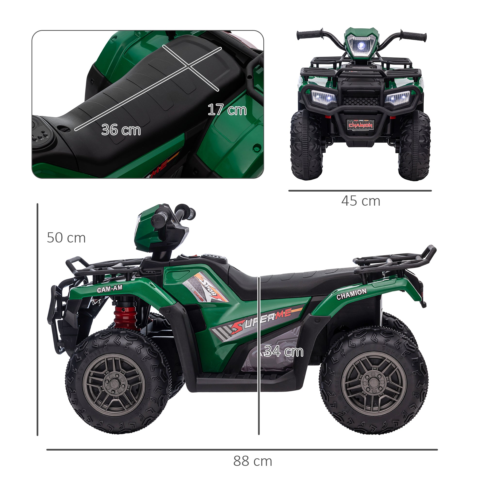 12V Kids Quad Bike with Forward, Reverse Functions, Ride-On ATV w/ Music, LED, Headlights, for Ages 3-5 Years - Green