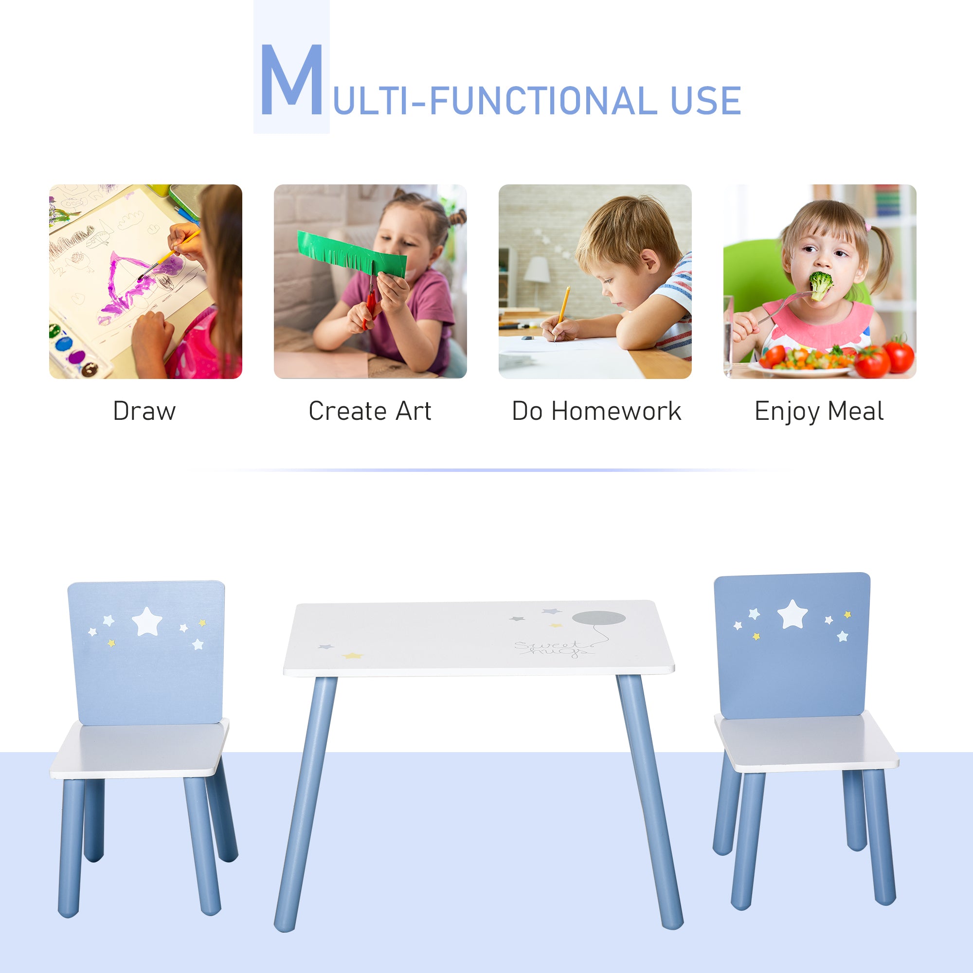 3 Pcs Kids Table & Chairs Set w/ Wood Legs Safe Corners Cute Stars Seating Mini Furniture Home Playroom Bedroom Dining Room Blue