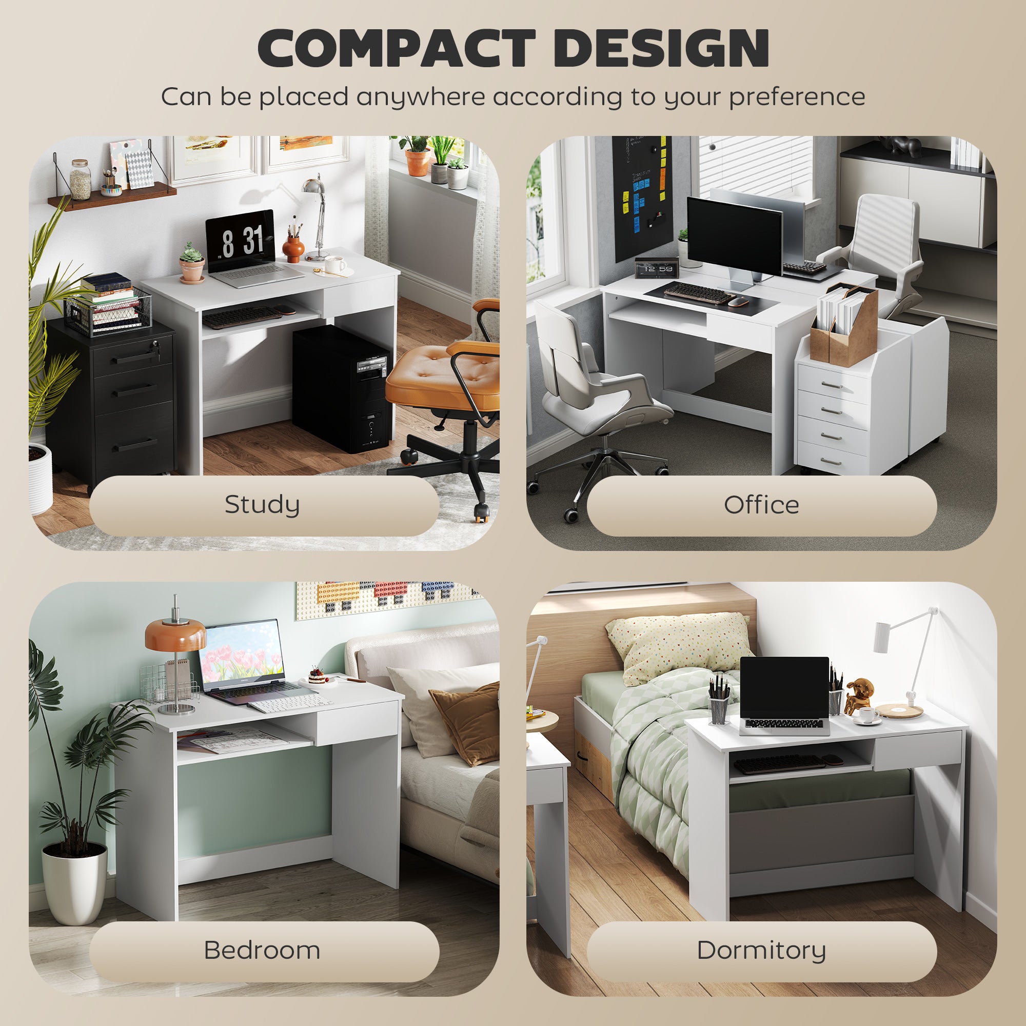 100cm Compact Computer Desk with Keyboard Tray, Home Office Desk with Drawer for Bedroom Study, White