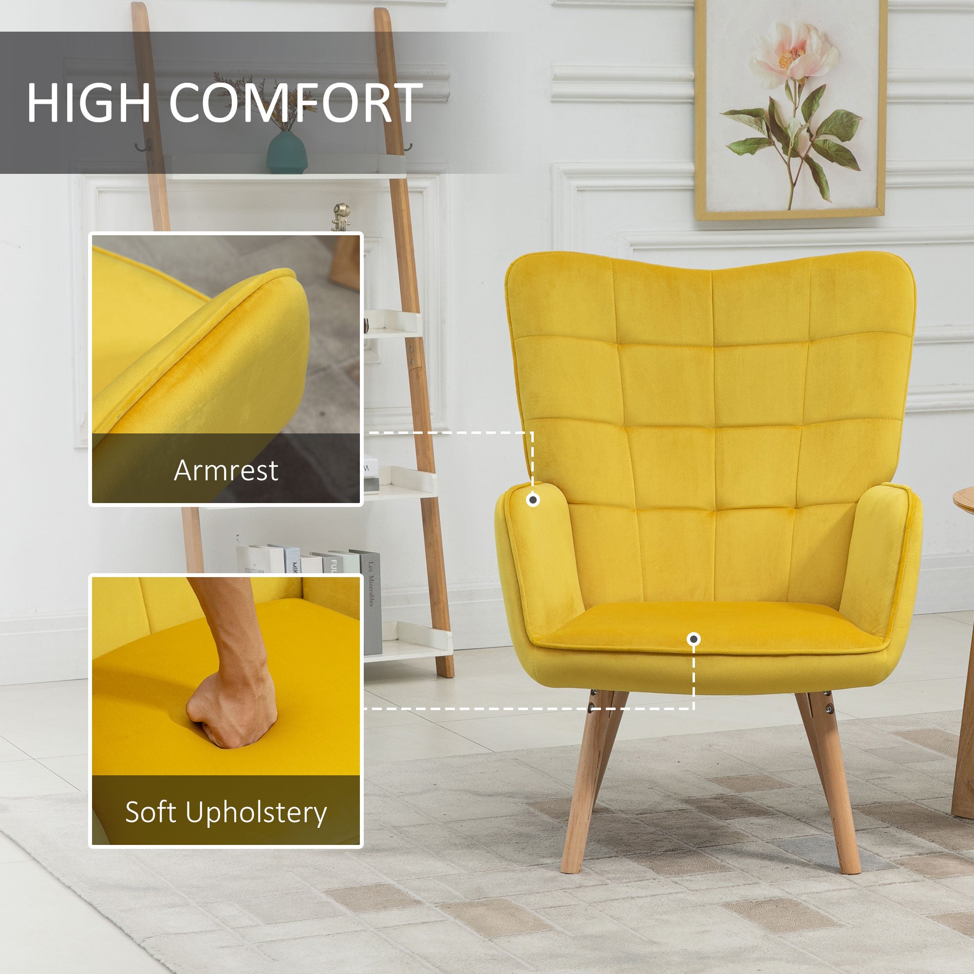 Modern Accent Chair Velvet-Touch Tufted Wingback Armchair Upholstered Leisure Lounge Sofa Club Chair with Wood Legs, Set of 2, Yellow