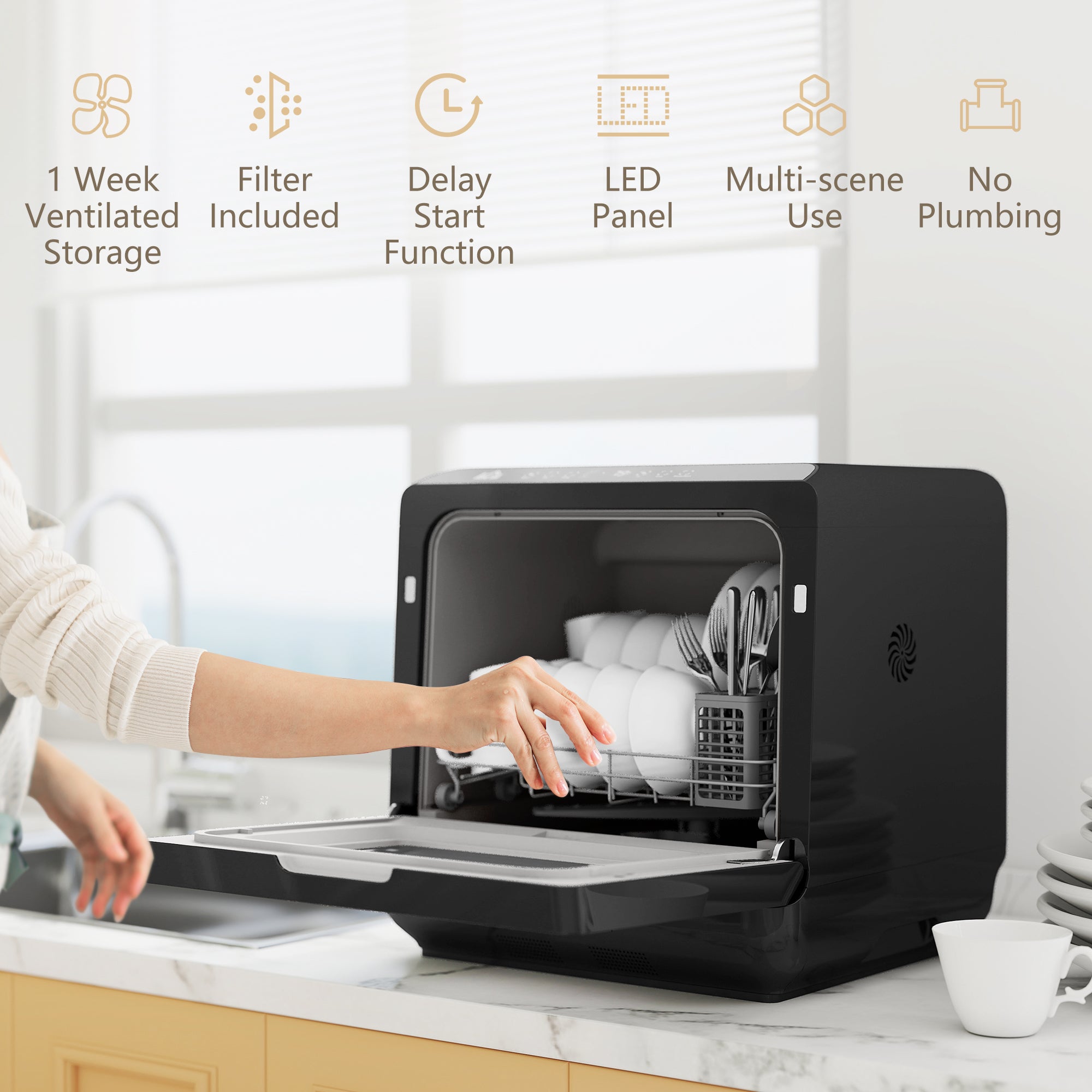 Fynco - Table Top Dishwasher with Built-in 6L Water Tank, Mini Countertop Dishwasher with 6 Programs, 4 Place Settings, Black
