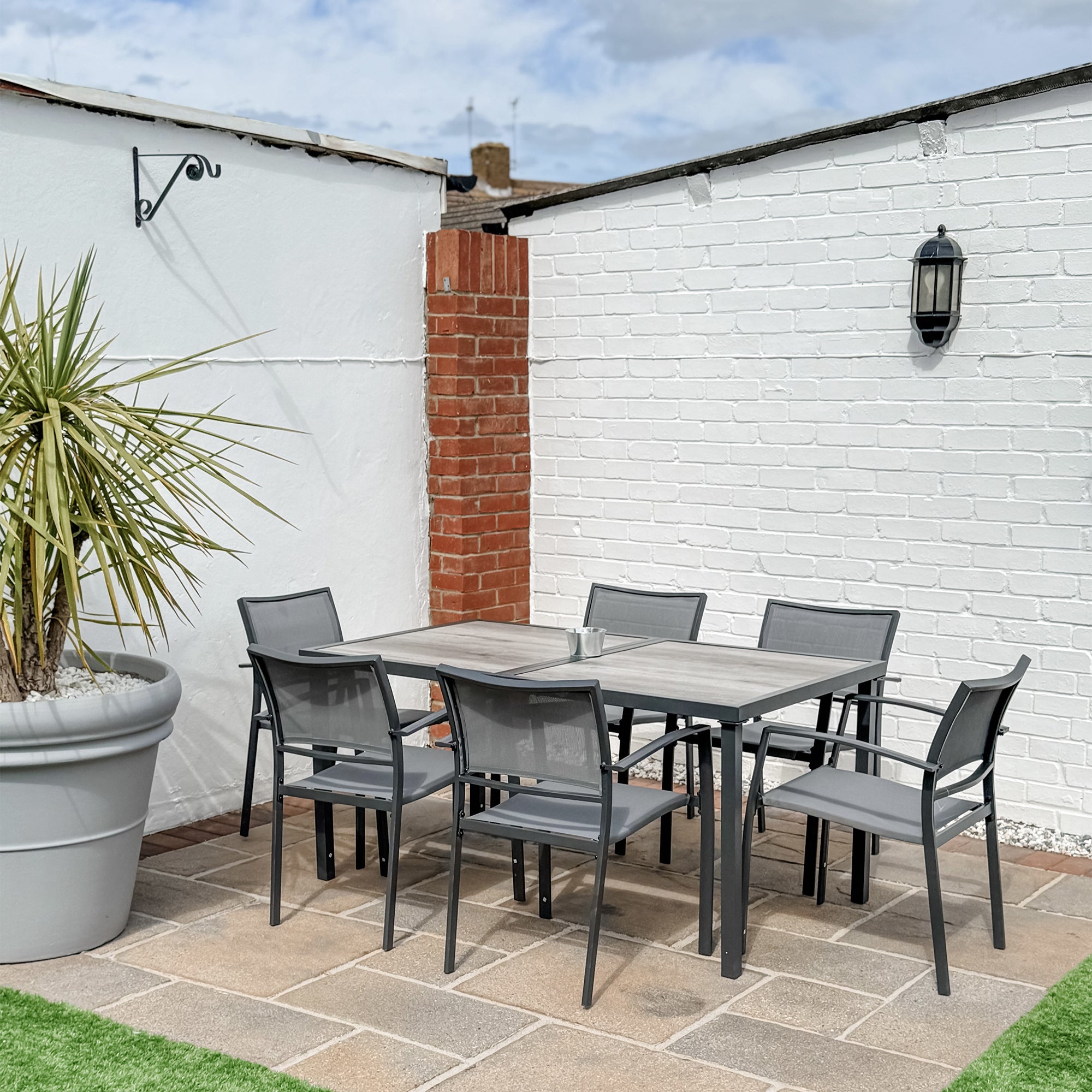 Seven-Piece Casual Outdoor Dining Set, with Wood-Effect Table - Grey