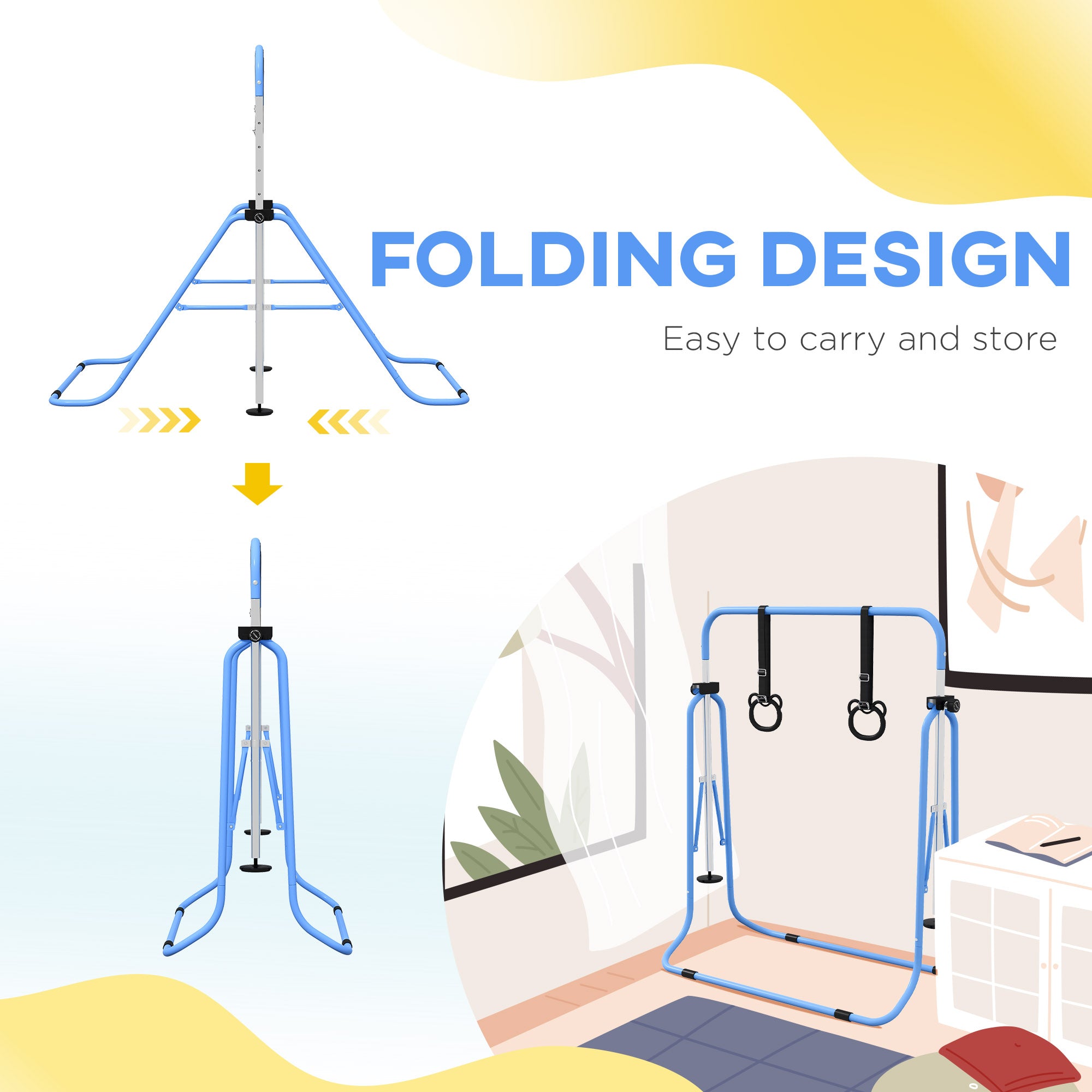 Adjustable Height, Foldable Kids Gymnastics Bar w/ Non-slip Rubber Floor Rings, for 3+ Years, Green