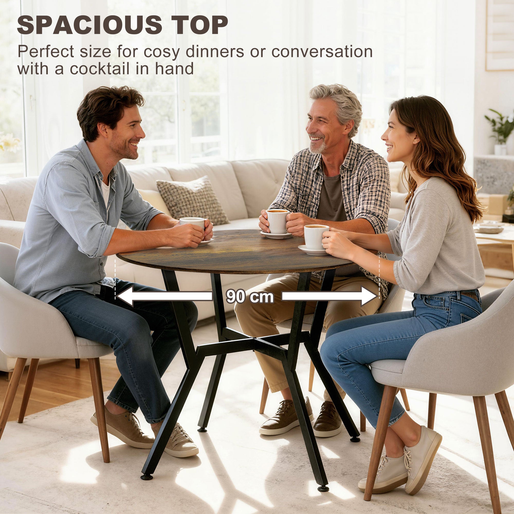 Fynco - Dining Table, Round Kitchen Table with Black Legs, Anti-slip Foot Pads for Living Room, Dining Room 90 x 76 cm, Rustic Brown