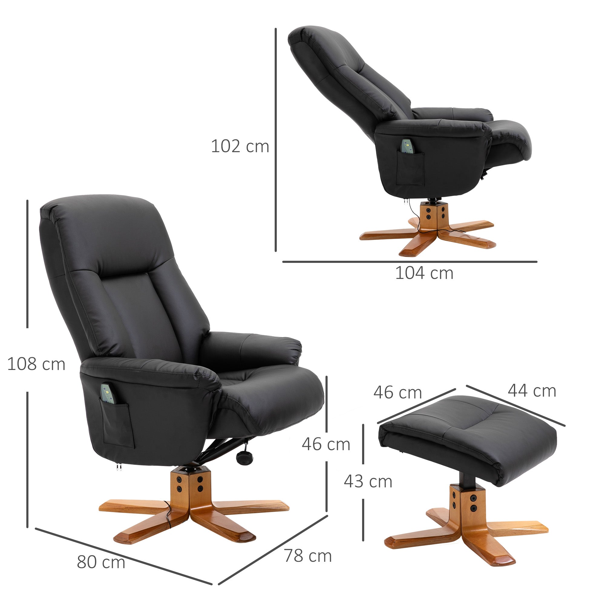 10-Point Massage Sofa Armchair Chair PU Leather W/ Footrest Stool Heat Recliner Black