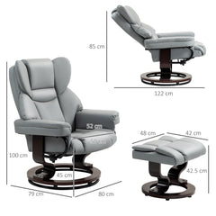 360° Swivel Recliner Chair with Footstool, PU Leather Manual Recliner Armchair with Solid Wood Base, Upholstered Reclining Chair for Living Room, Bedroom, Office, Light Grey