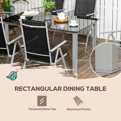 7 Piece Garden Dining Set, Outdoor Table and 6 Folding and Reclining Chairs, Aluminium Frame, Tempered Glass Top Table, Texteline Seats, Black