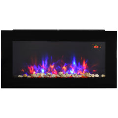 Fynco - LED Wall Mounted Fireplace Curved Glass Electric Fire Place for Living Room, 1000W/2000W, 48H x 90.8W x 11.5Dcm, Black