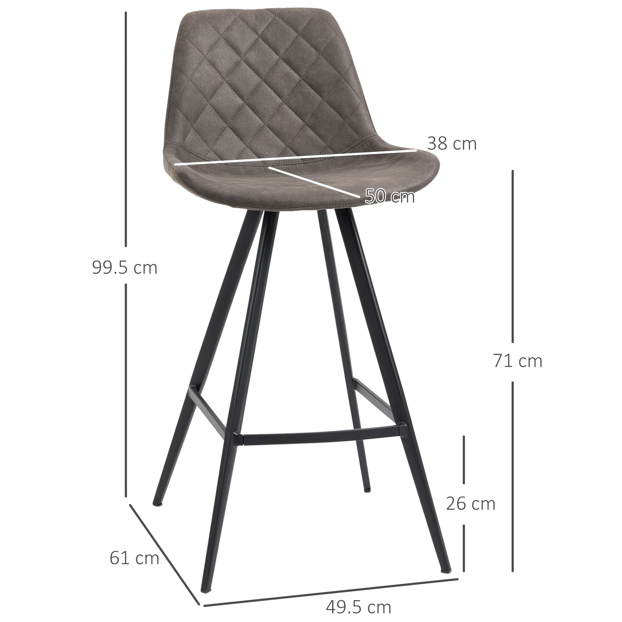 Set Of 2 Bar Stools Vintage Microfiber Cloth Tub Seats Padded Comfortable Steel Frame Footrest Quilted Home Bar Cafe Kitchen Chair Stylish Dark Grey