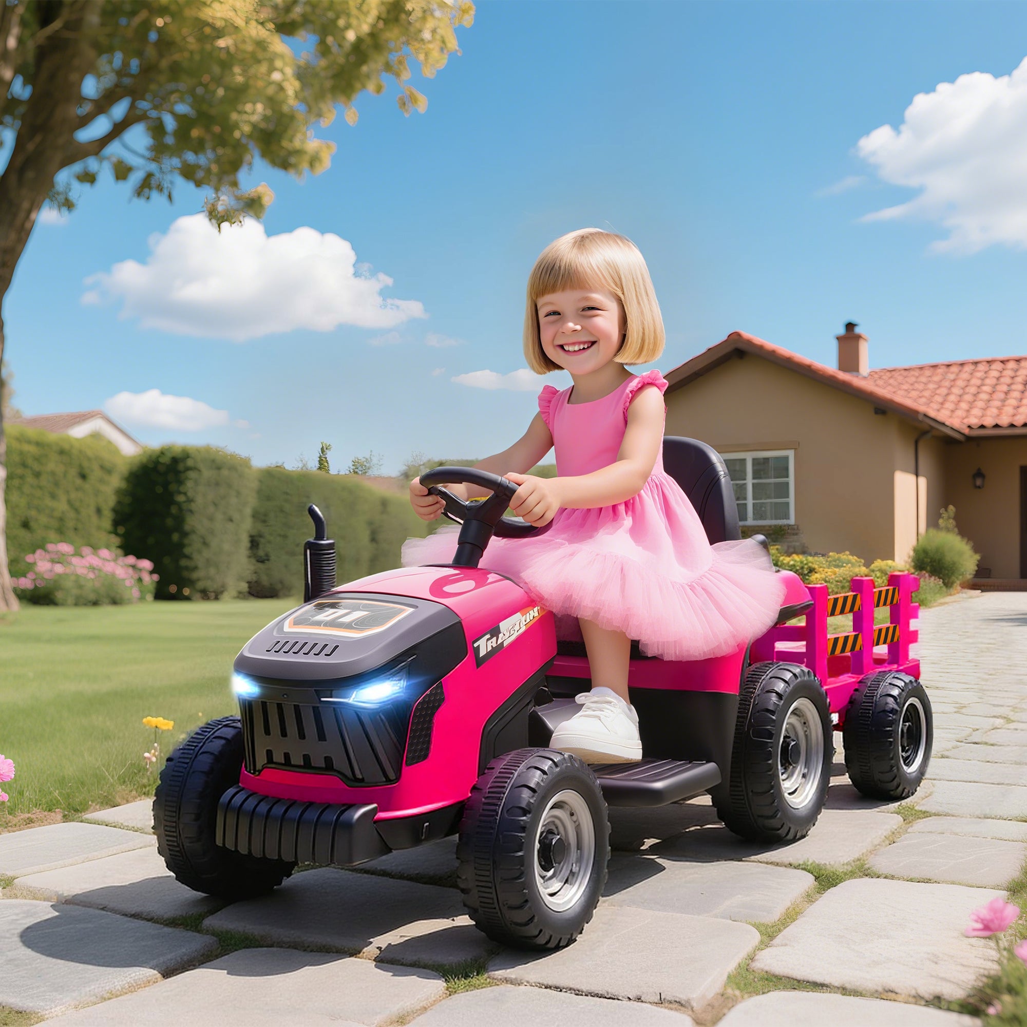 AIYAPLAY 12V Ride on Tractor and Trailer with Remote Control, Music, Shifter, Start-Up Sound, for Kids Ages 3-8 Years, Pink