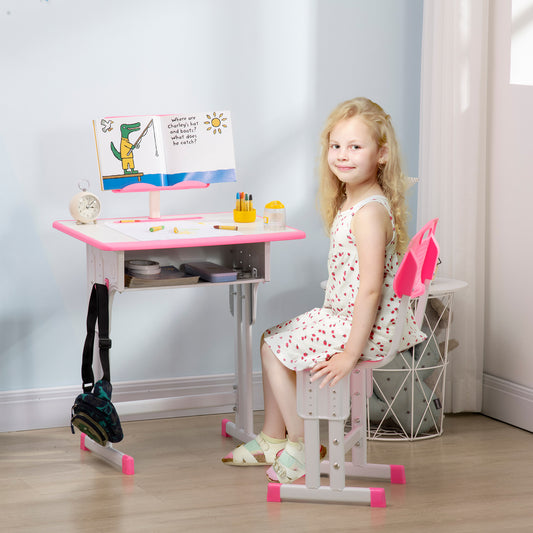 Kids Adjustable Desk and Chair Set, Book Stand, Pen Slot - Pink