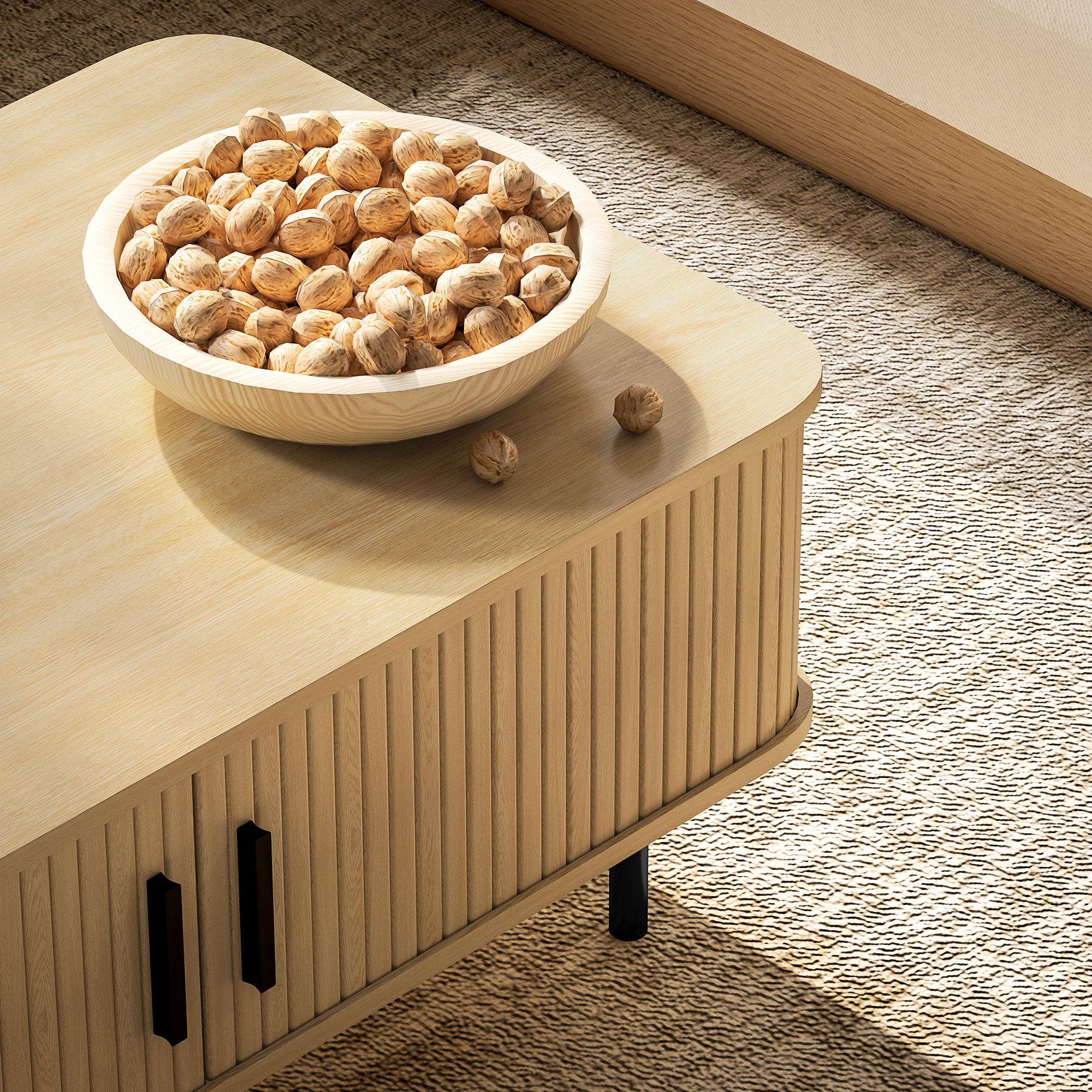 Coffee Table with Storage, Living Room Table with Slatted Tambour Sliding Doors and Foot Pads, Rectangular Coffee Table with Elevated Base for Living Room, Oak