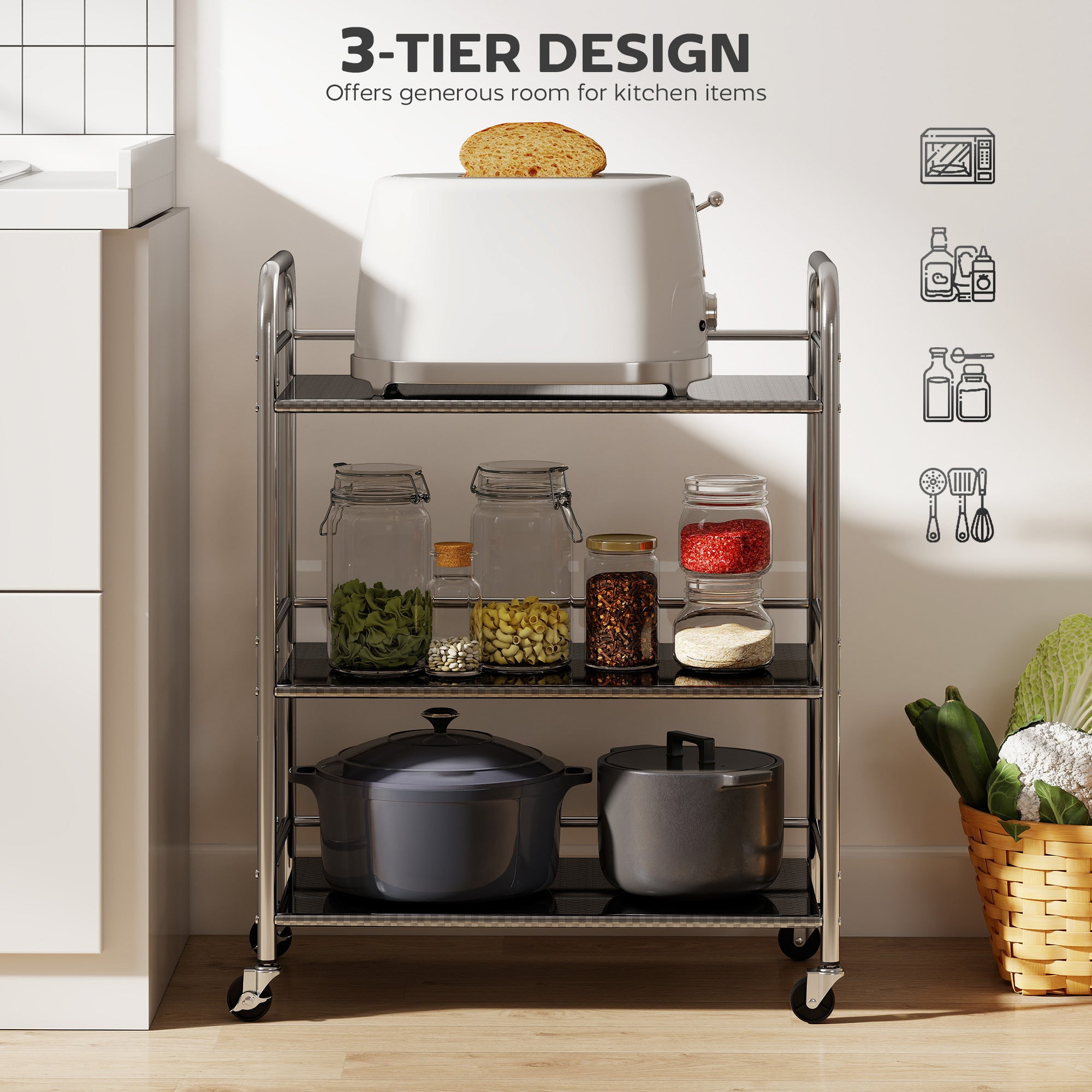 Fynco - 3 Tier Stainless Steel Kitchen Storage Trolley with Adjustable Shelf - Silver