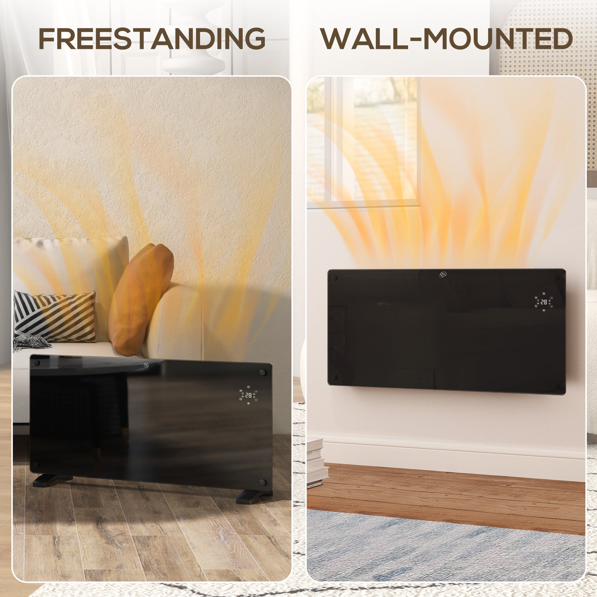 Fynco - Electric Heater Wifi Smart App, 2000W Glass Panel Heater Radiator, Freestanding or Wall Mounted Convector Space Heater with LED Display, 24Hr 7 Day Timer, Adjustable Thermostat, Remote Control