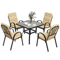 5 Pieces Outdoor Square Garden Dining Set w/ Tempered Glass Dining Table 4 Cushioned Armchairs, Umbrella Hole, Beige