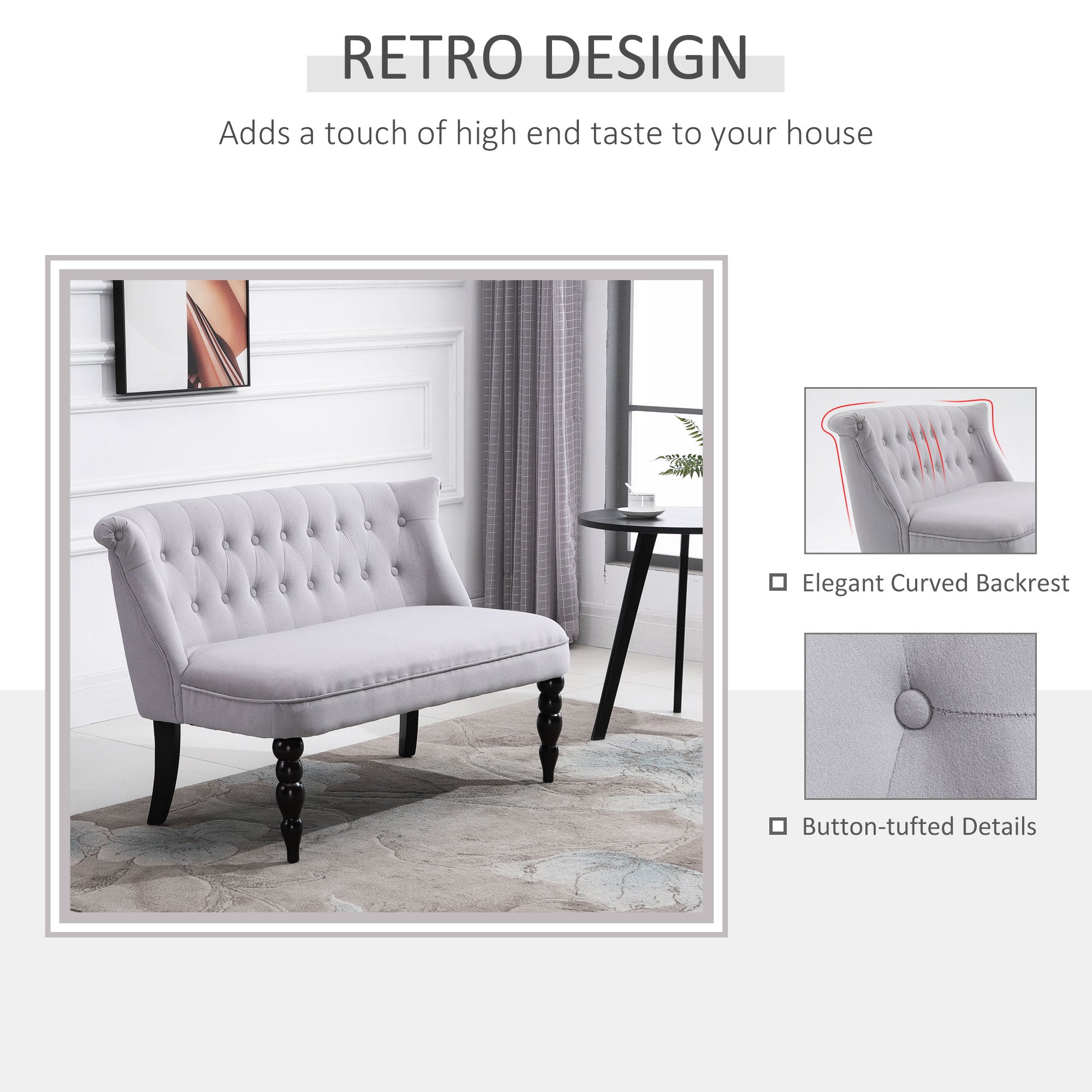 Loveseat with Wood Frame, Compact 2 Seater Sofa, Button Tufted Chaise Lounger with Carved Legs, Vintage Design for Bedroom Living room, Grey