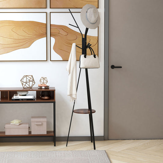 Freestanding Metal Coat Rack Stand 9 Hooks Clothes Tree with 1 Shelf Hat Display Hall Tree Hanger Bag Umbrella Hanging Organiser Brown
